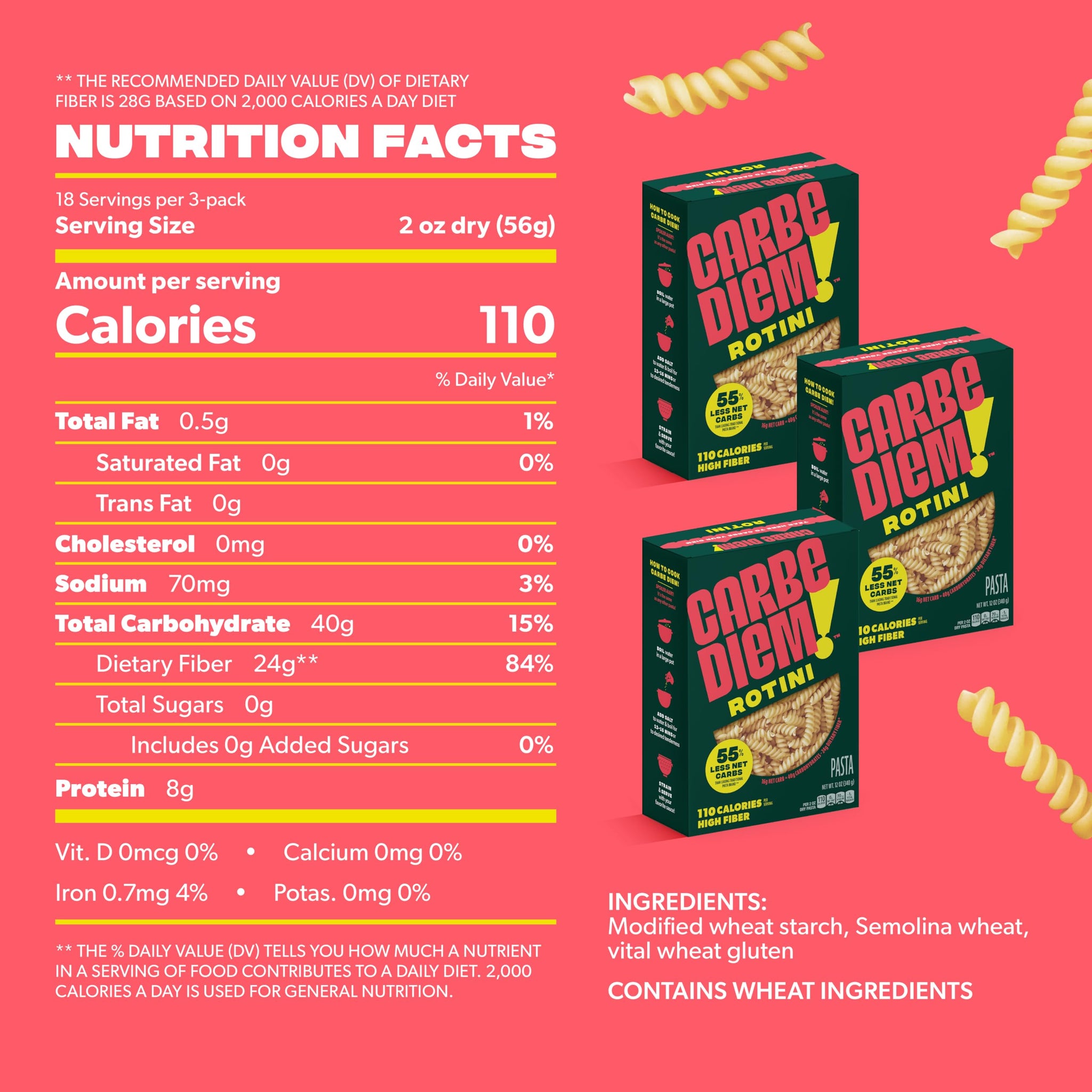 Carbe Diem!, Rotini, Lower Net Carb Pasta with Traditional Flavor & Texture, 8 grams of Protein, 55% Fewer Net Carbs & Only 110 Calories Per Serving