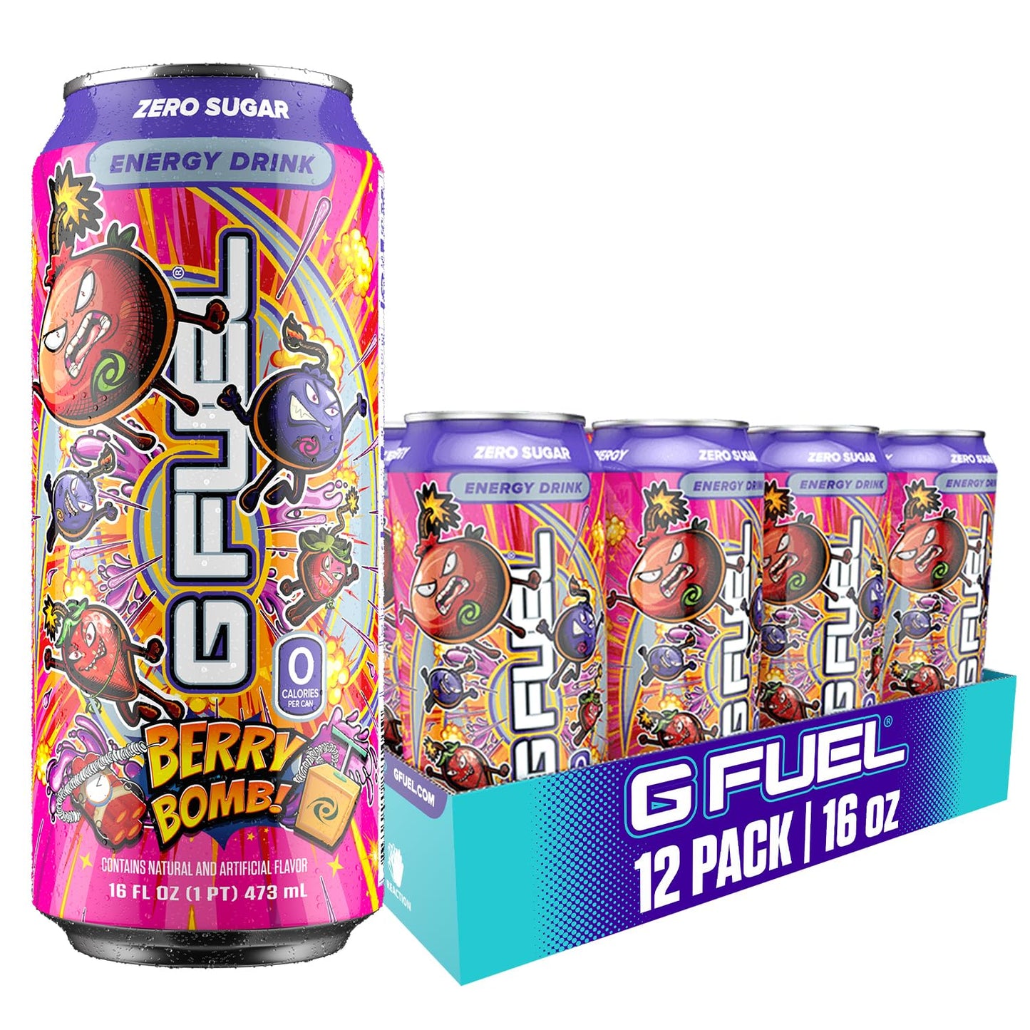 G Fuel Energy Drink, Berry Bomb, Sugar Free Carbonated Beverage with 300mg Caffeine, Daily Energy Boost with Focus Amino, Vitamin + Antioxidants, 16