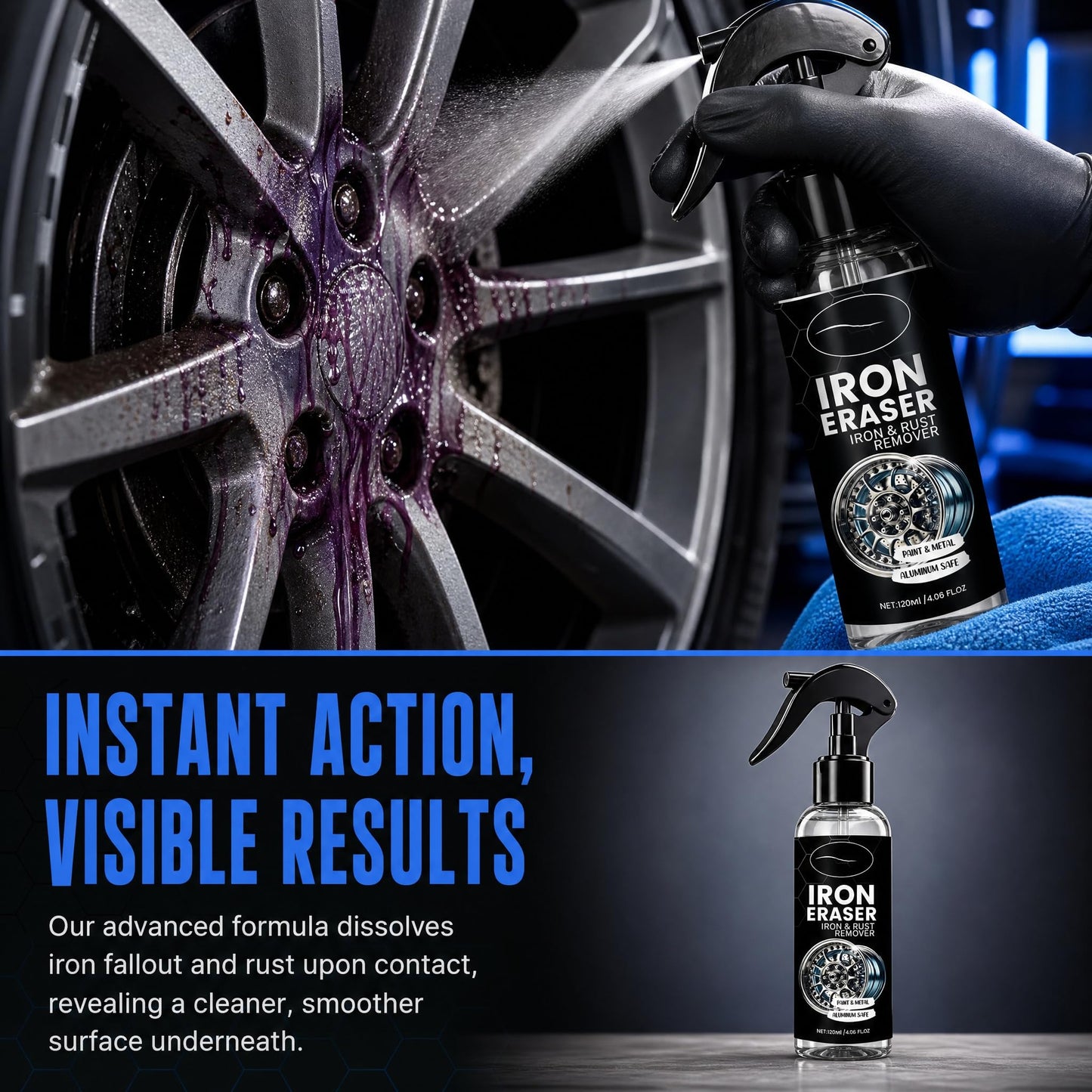 increnobl Iron Eraser Rust Remover Spray, Iron Powder Remover for Car Wheels & Paint, Fast Acting Iron Remover and Brake Dust Cleaner, Professional
