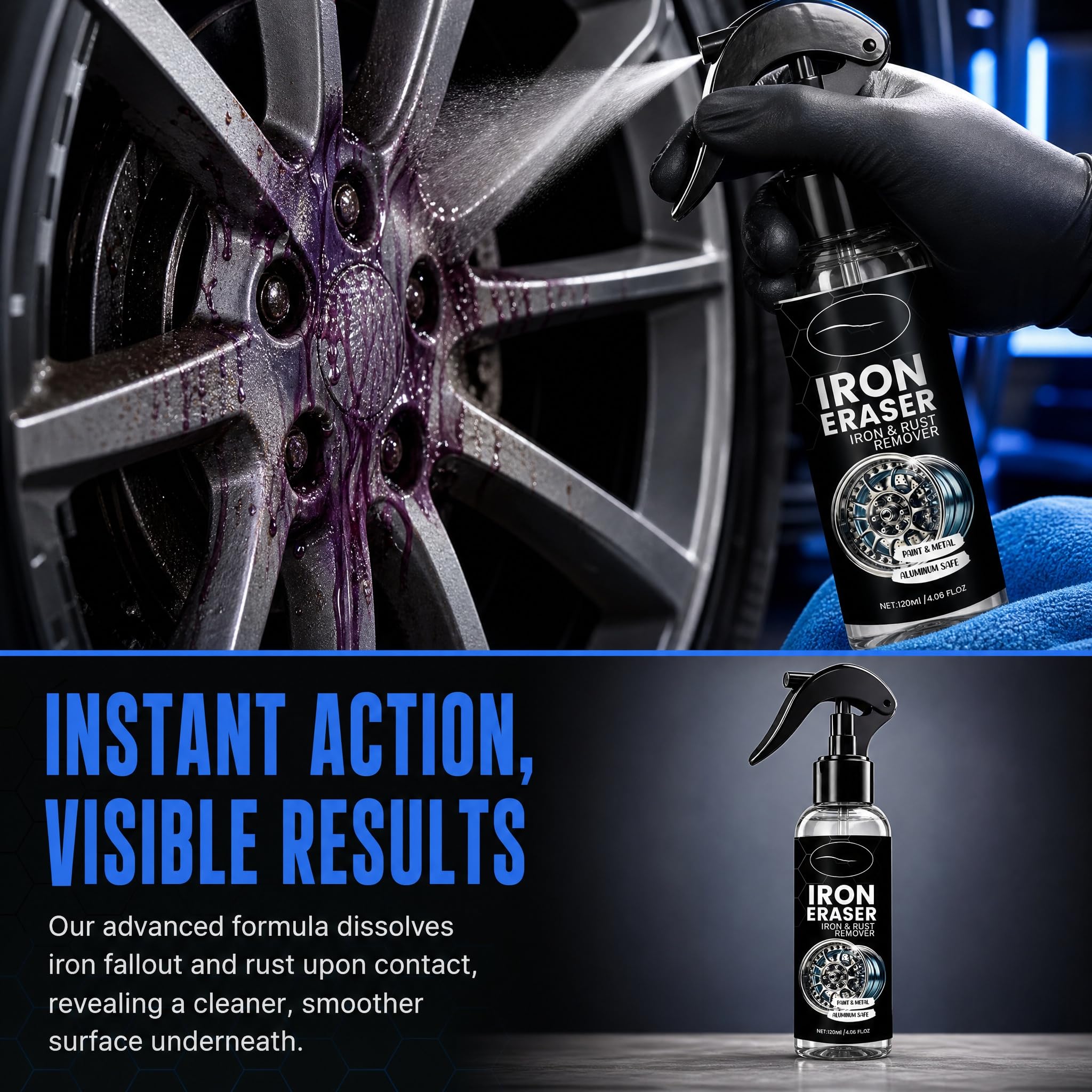 increnobl Iron Eraser Rust Remover Spray, Iron Powder Remover for Car Wheels & Paint, Fast Acting Iron Remover and Brake Dust Cleaner, Professional