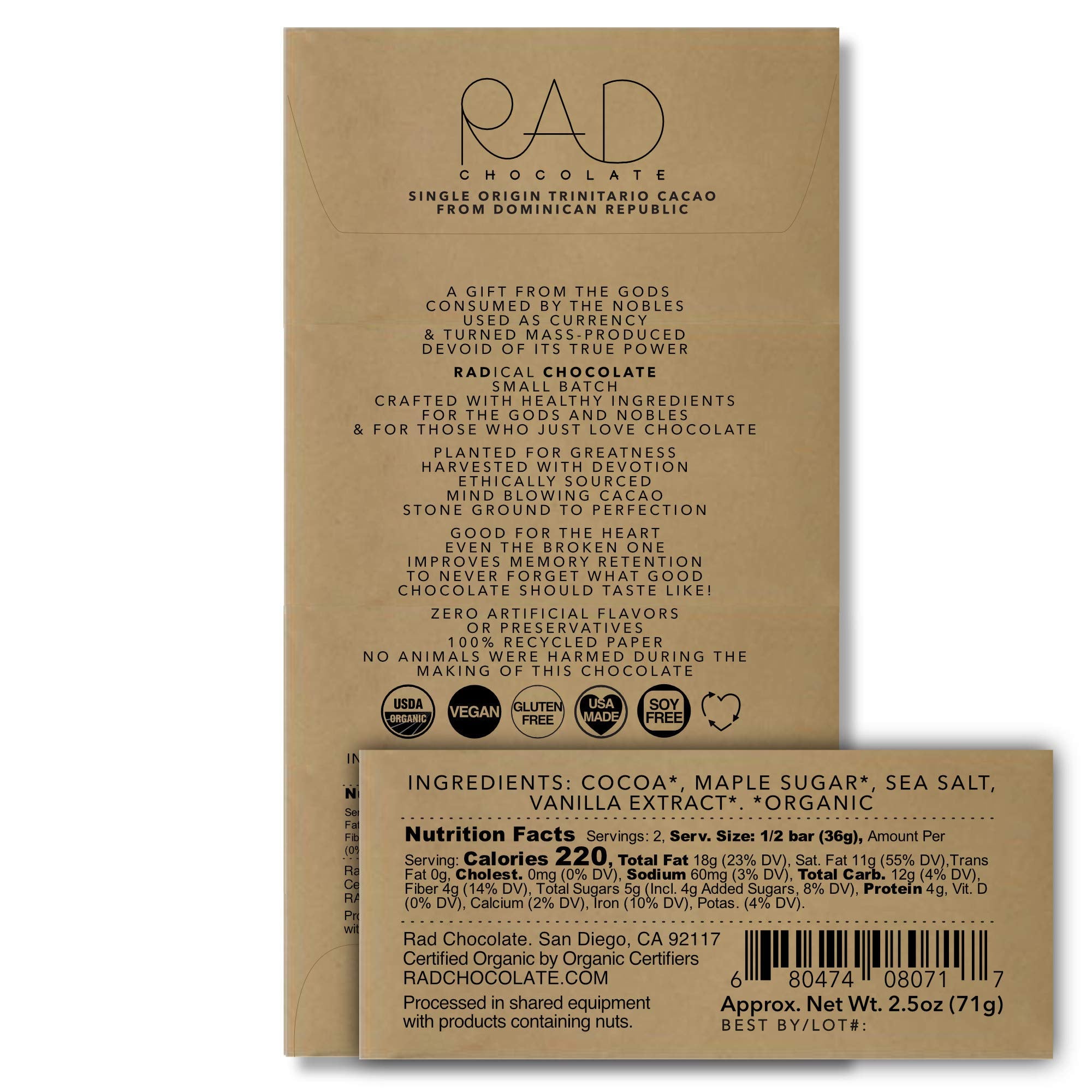 Rad Chocolate Vegan 85% Cacao Sea Salt Chocolate Maple Sugar | 3 pack | Certified Organic | Gluten & Soy Free Chocolate | Paleo Friendly