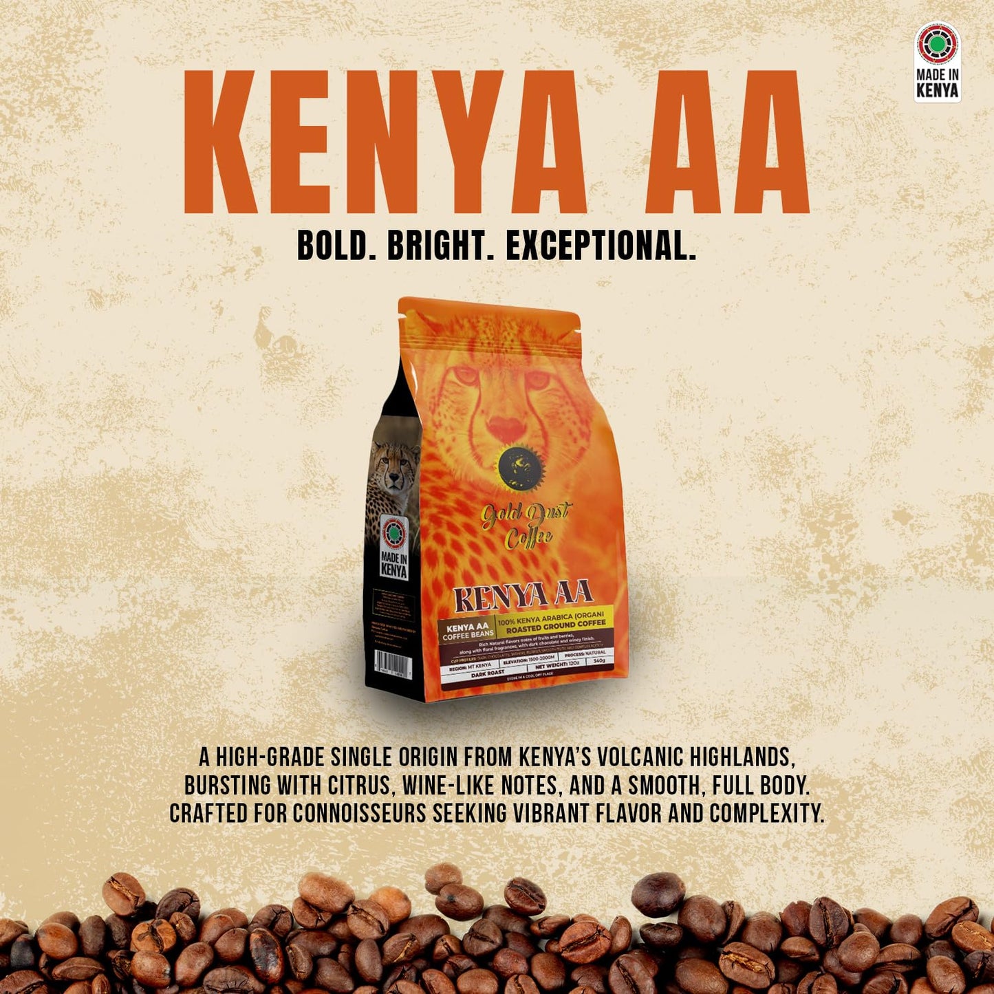 Gold Dust Coffee - Premium Dark Roasted Ground Coffee (12oz, Kenya AA)