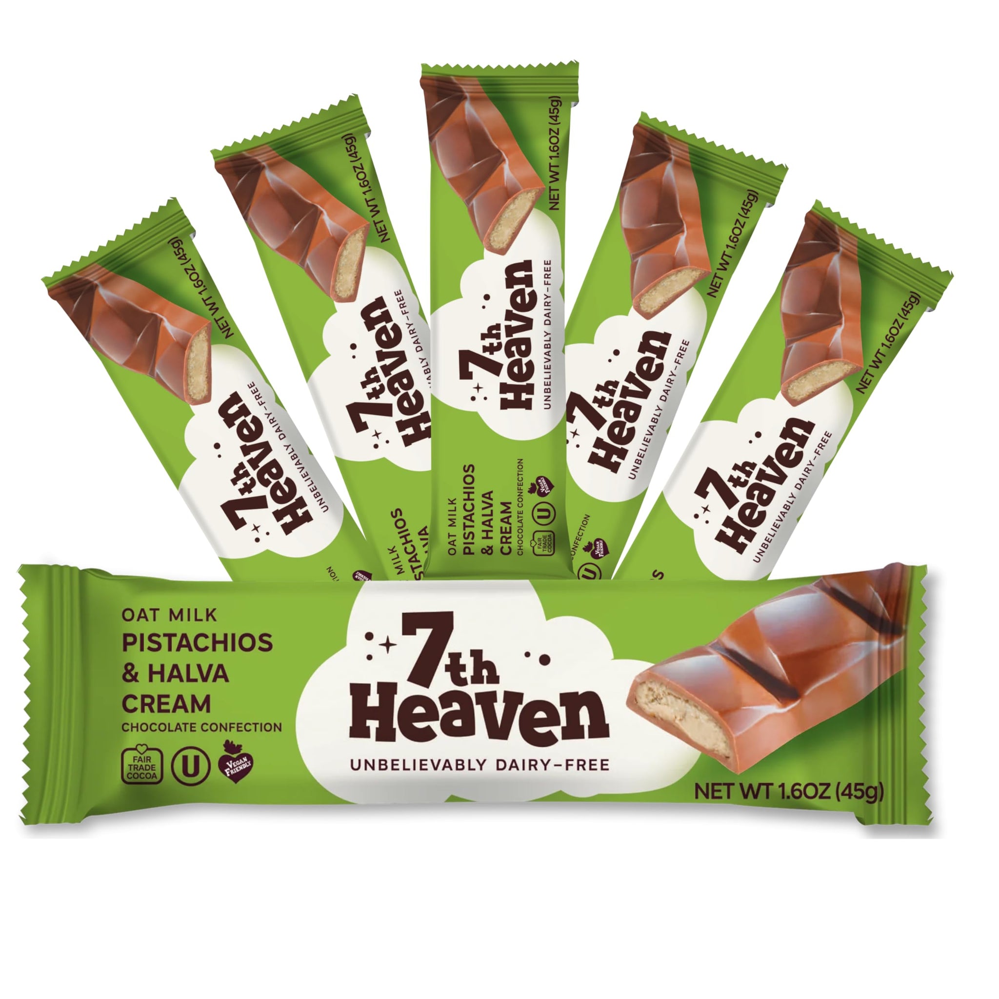 7th Heaven, Vegan Oat Milk Chocolate Snack Bars: Pistachio & Halva Cream - (1.6 oz - 6 Pack), Healthy Chocolate, Perfect Valentines Gift For Your