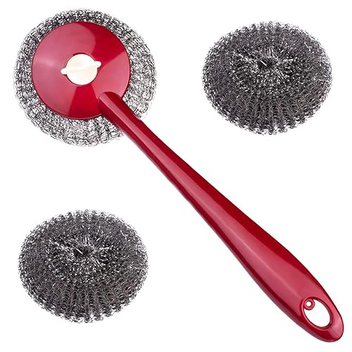 Rederdjskj Kitchen Stainless Steel Sponges Scourer Set with Handle Pack of 3, Large Stainless Steel Scrubbers - Metal Scouring Pads Kitchen Cleaning