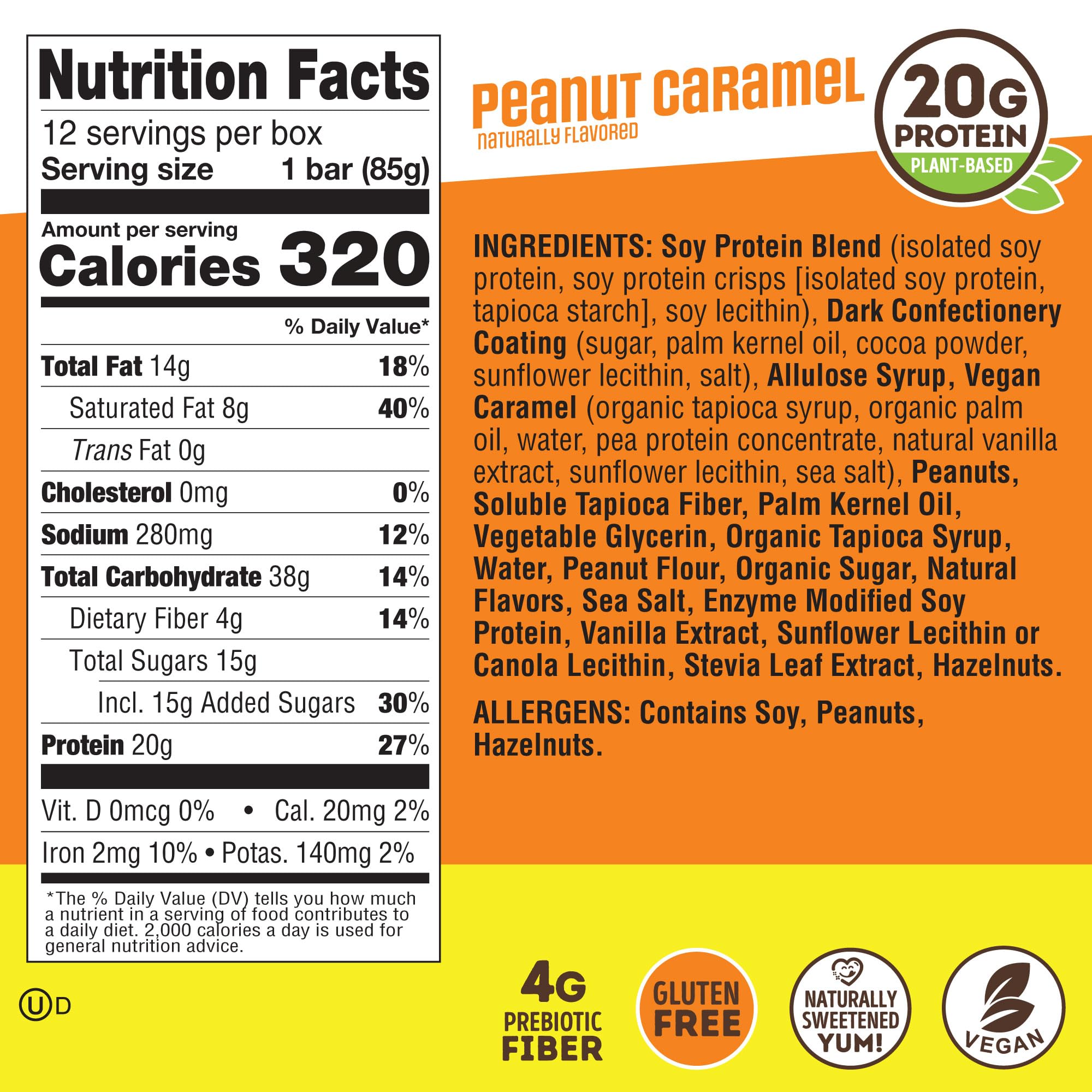 Lenny & Larry’s High Protein Bar - Peanut Caramel Vegan Protein Bars - 20g Plant-Based Protein, High Fiber Dessert - Gluten-Free Snack - Larger Bar
