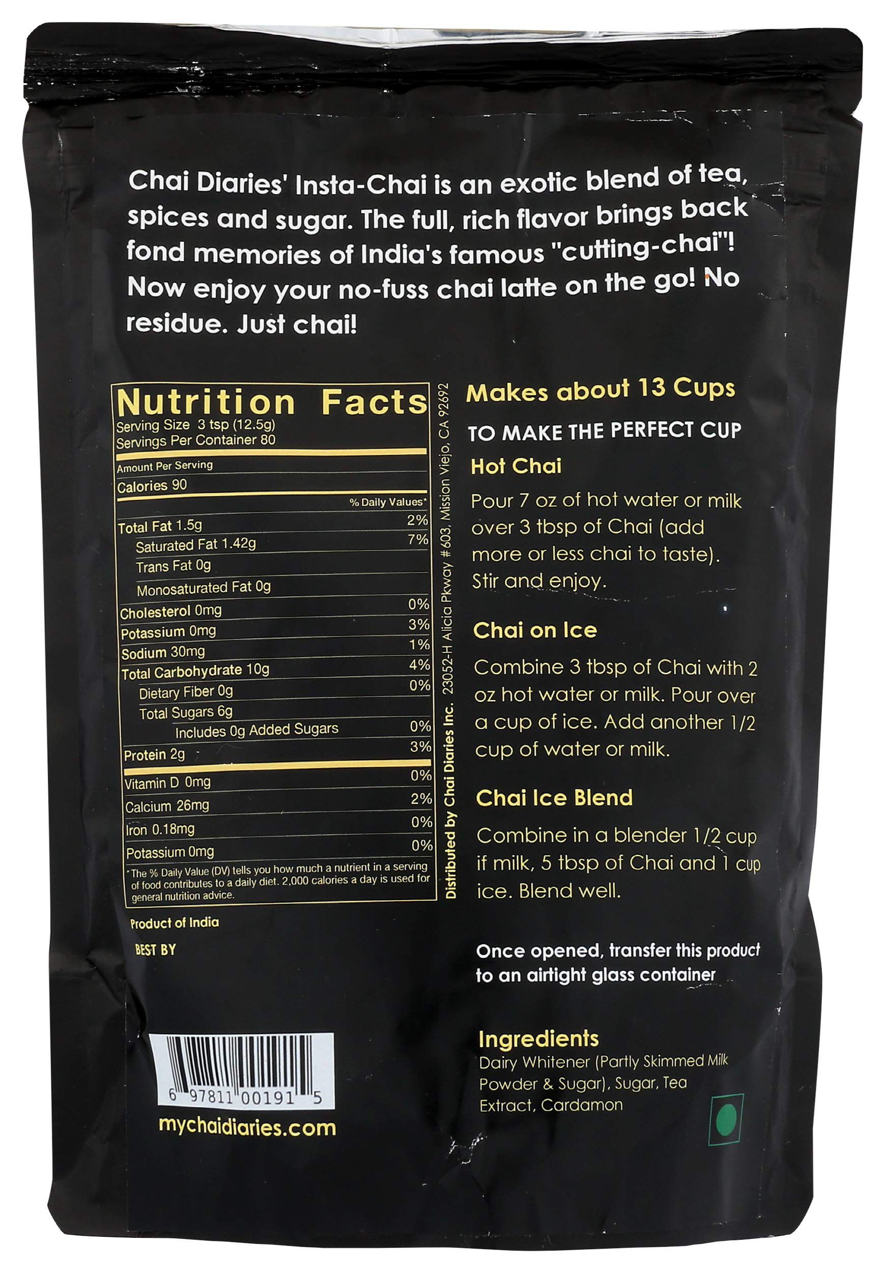 Chai Diaries, Tea Chai Instant Cardamom Authentic Premix, 35.2 Ounce