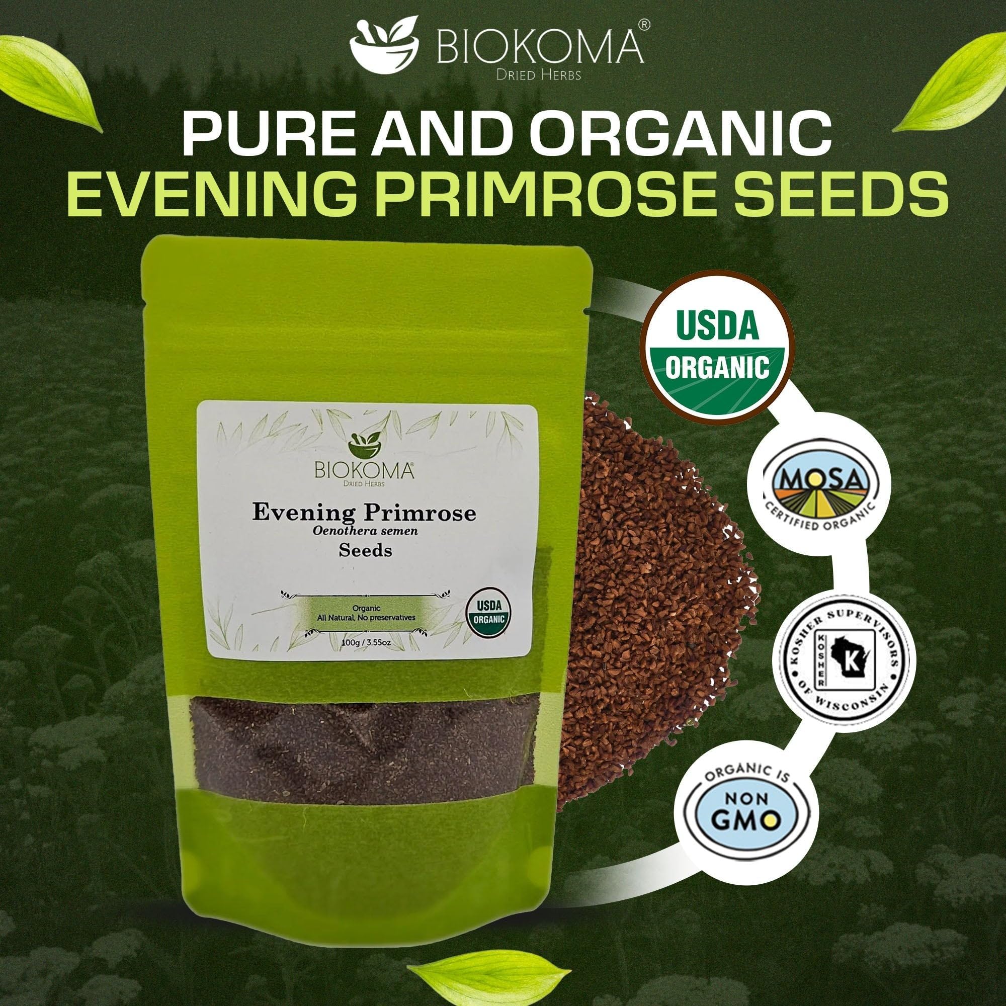 Biokoma Organic Evening Primrose Seeds 100g 3.55oz USDA Organic Oenothera Biennis GLA Omega-3 Hormonal Balance Skin Health Resealable Moisture Proof