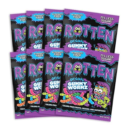 Rotten Original Gummy Worms - Low Sugar, Low Calorie, 7g Gut-Friendly Prebiotic Fiber and 3g Protein, Gluten Free Candy - 1.8 oz - 8-Pack