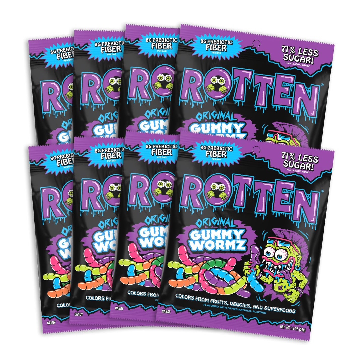 Rotten Original Gummy Worms - Low Sugar, Low Calorie, 7g Gut-Friendly Prebiotic Fiber and 3g Protein, Gluten Free Candy - 1.8 oz - 8-Pack