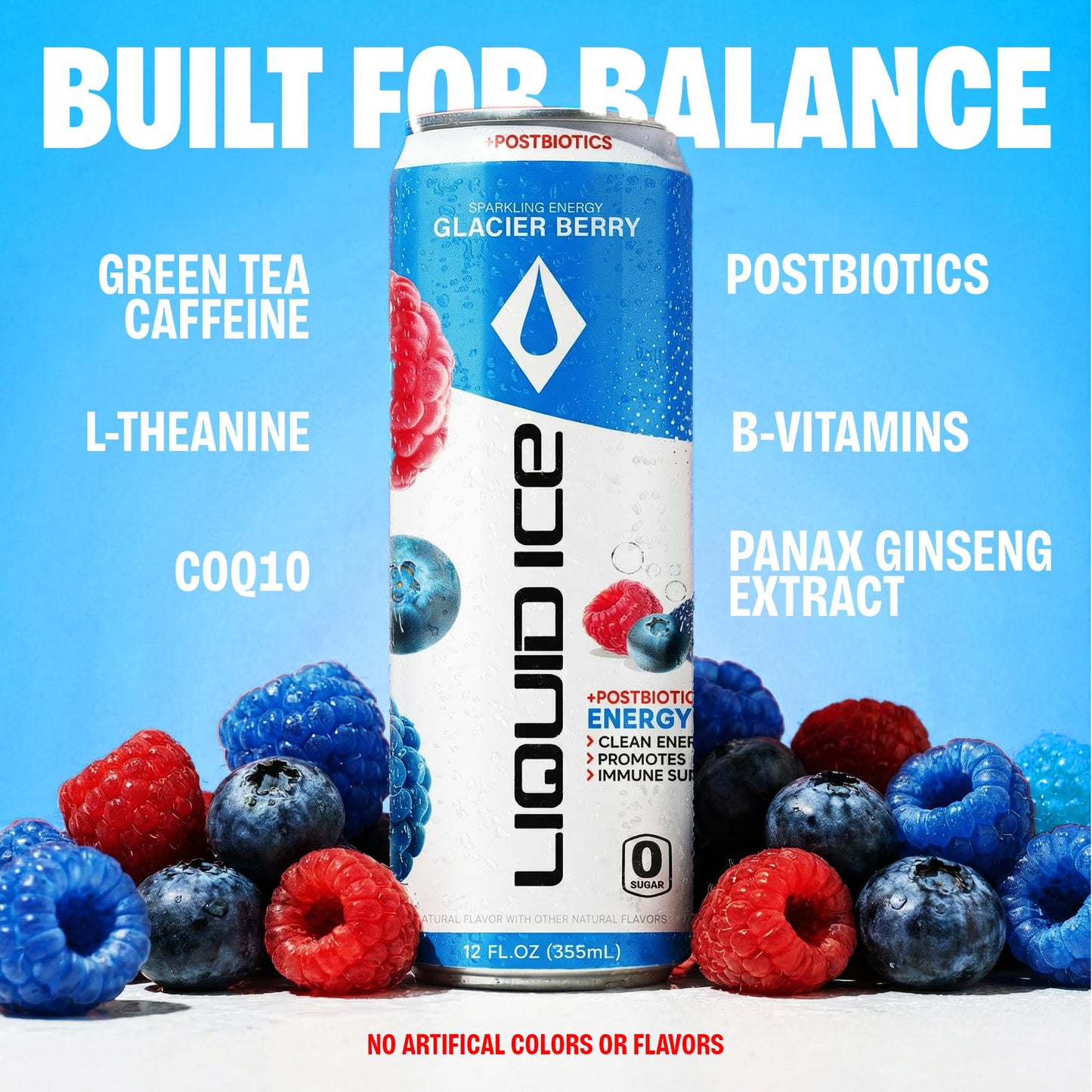 Liquid Ice Energy Drink - Zero Sugar, With Postbiotics For Gut-Health, Natural Caffeine, 120mg Caffeine, L- Theanine, Antioxidant Support, Clean