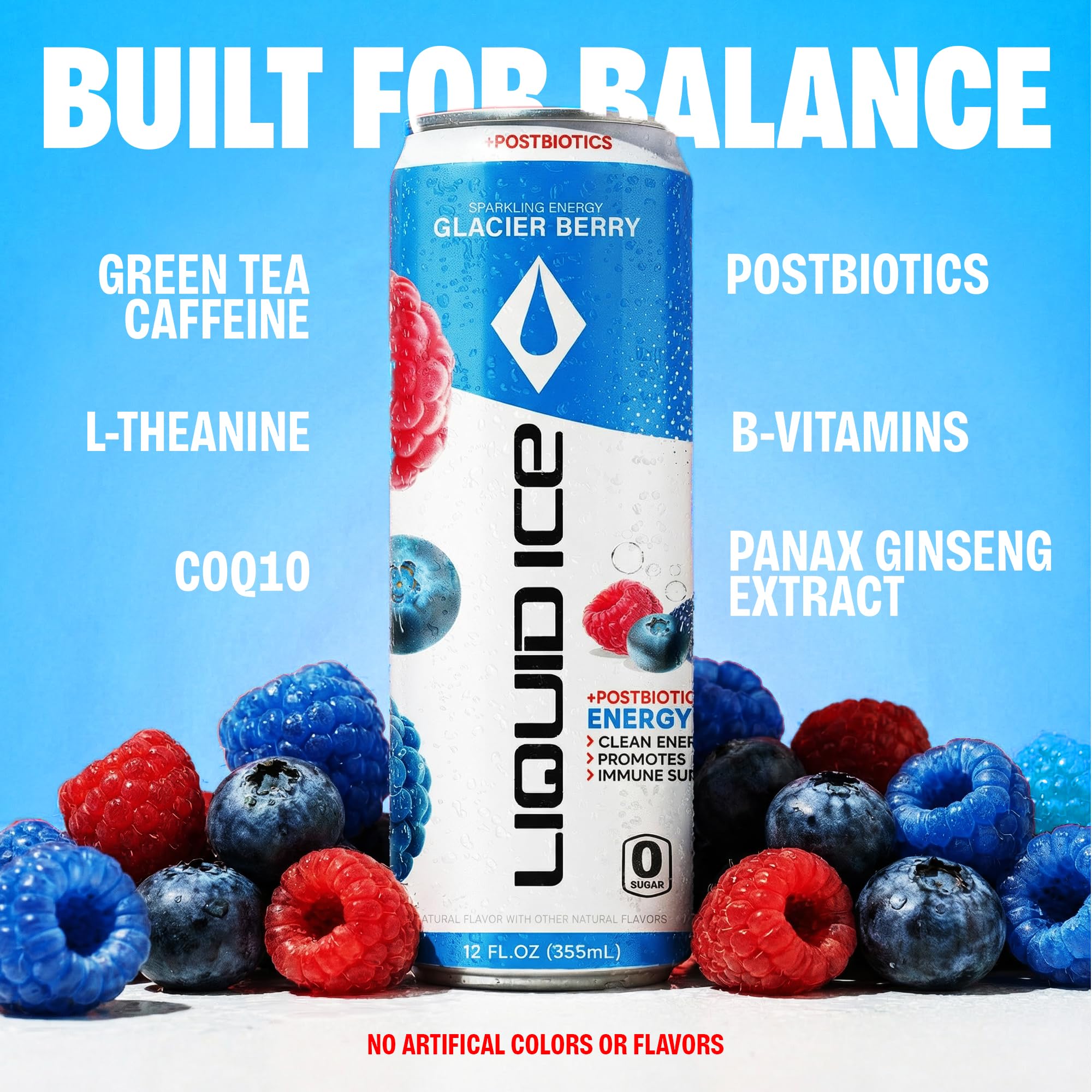 Liquid Ice Energy Drink - Zero Sugar, With Postbiotics For Gut-Health, Natural Caffeine, 120mg Caffeine, L- Theanine, Antioxidant Support, Clean