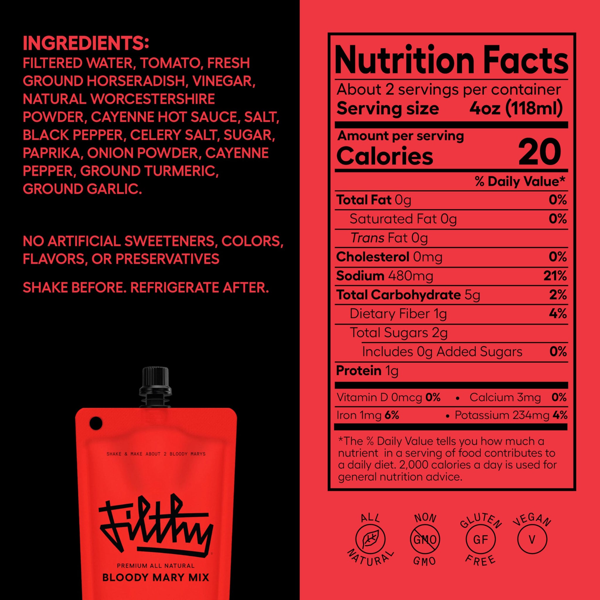 Filthy Bloody Mary Mix, Premium Cocktail Mixer, All-Natural, Travel Friendly for Vacation, Brunch, Home Bars and Hosting, Made From Real Tomatoes, 8