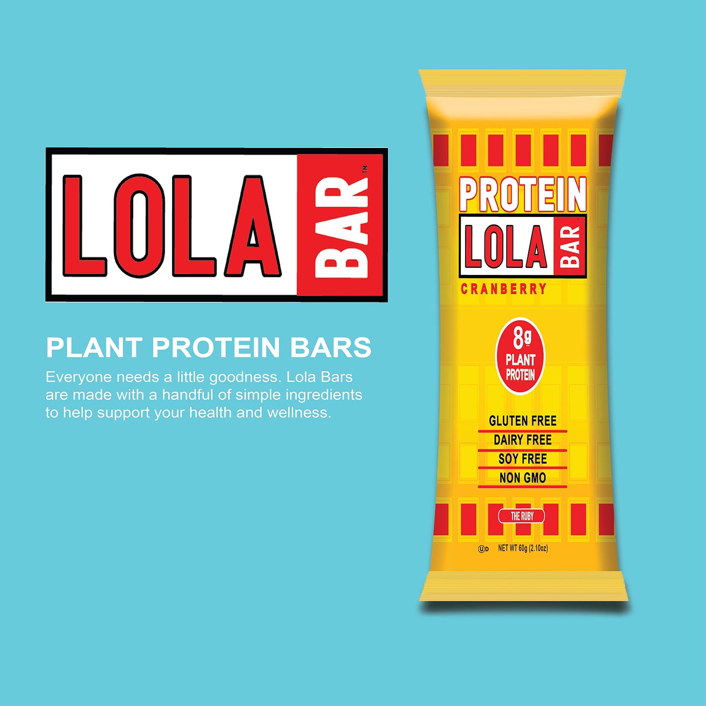 LOLA BAR Plant Protein Bar, The Ruby Just Cranberry, 60g Bar, 12 Count