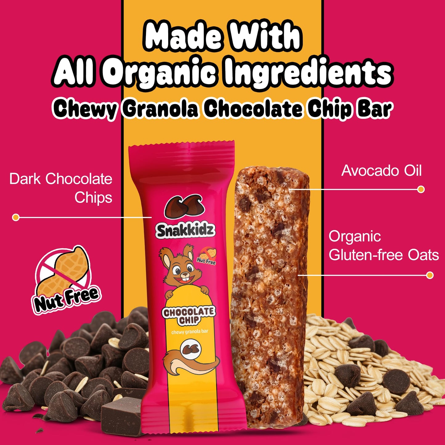 Snakkidz Organic Chewy Granola Bars for Kids, Allergen-Free, Nut-Free, Gluten-Free, Low Sugar Snack Bars Made with Avocado Oil, Individually Wrapped