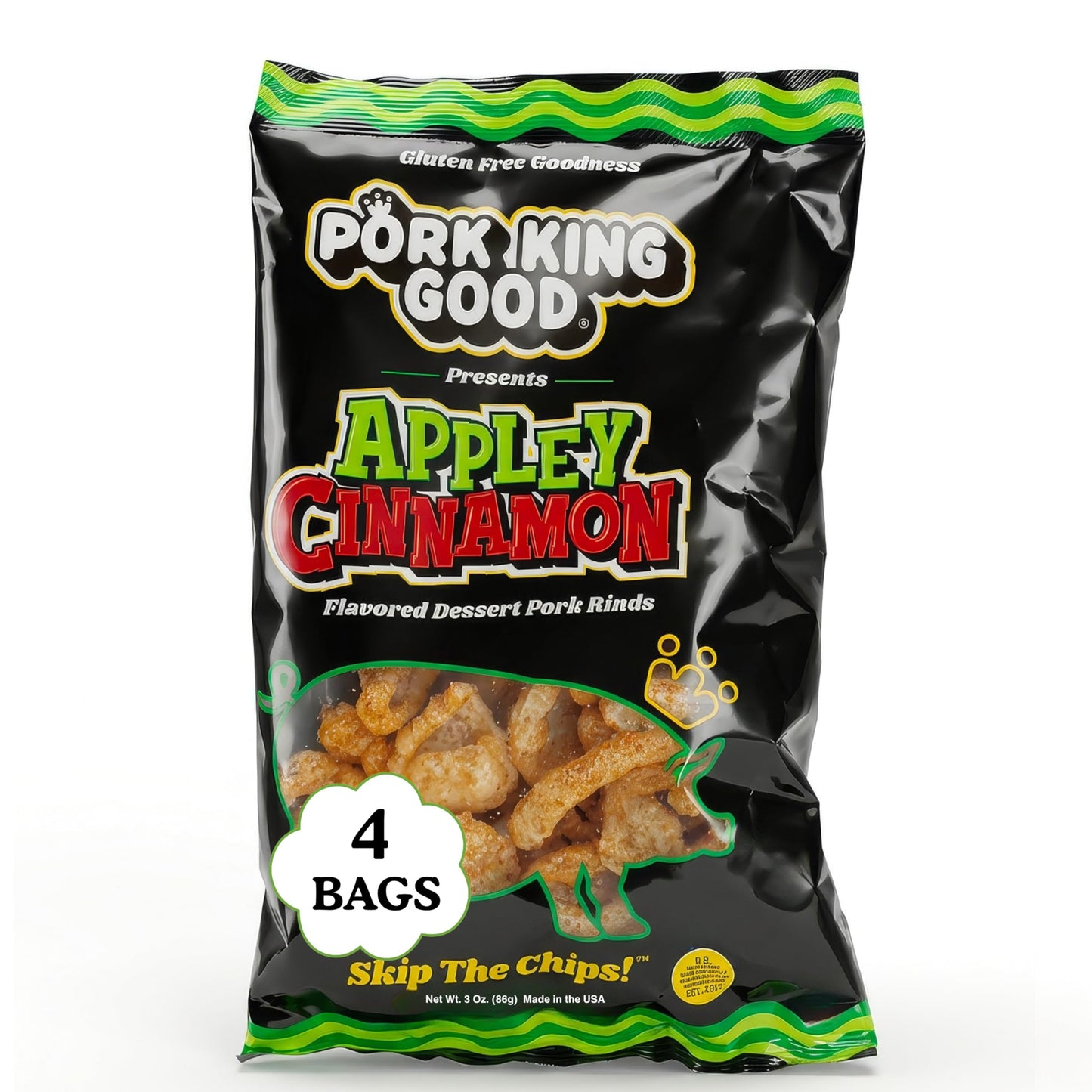 Pork King Good Appley Cinnamon 3 oz Dessert Flavored Pork Rinds - (4 Pack) Sweet and Salty, Gluten Free Snacks