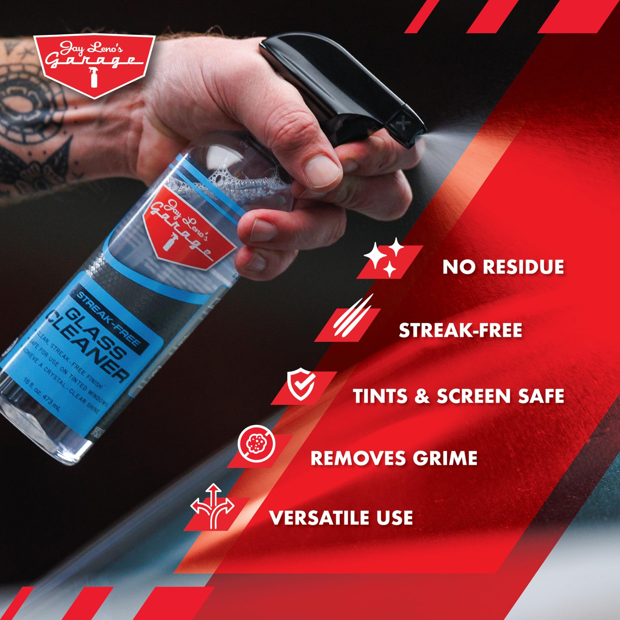 Jay Leno's Garage Glass Cleaner Spray - Streak-Free Auto Glass Cleaner for Cars, Automotive Window Cleaner for Car Windows, Windshields & Mirrors