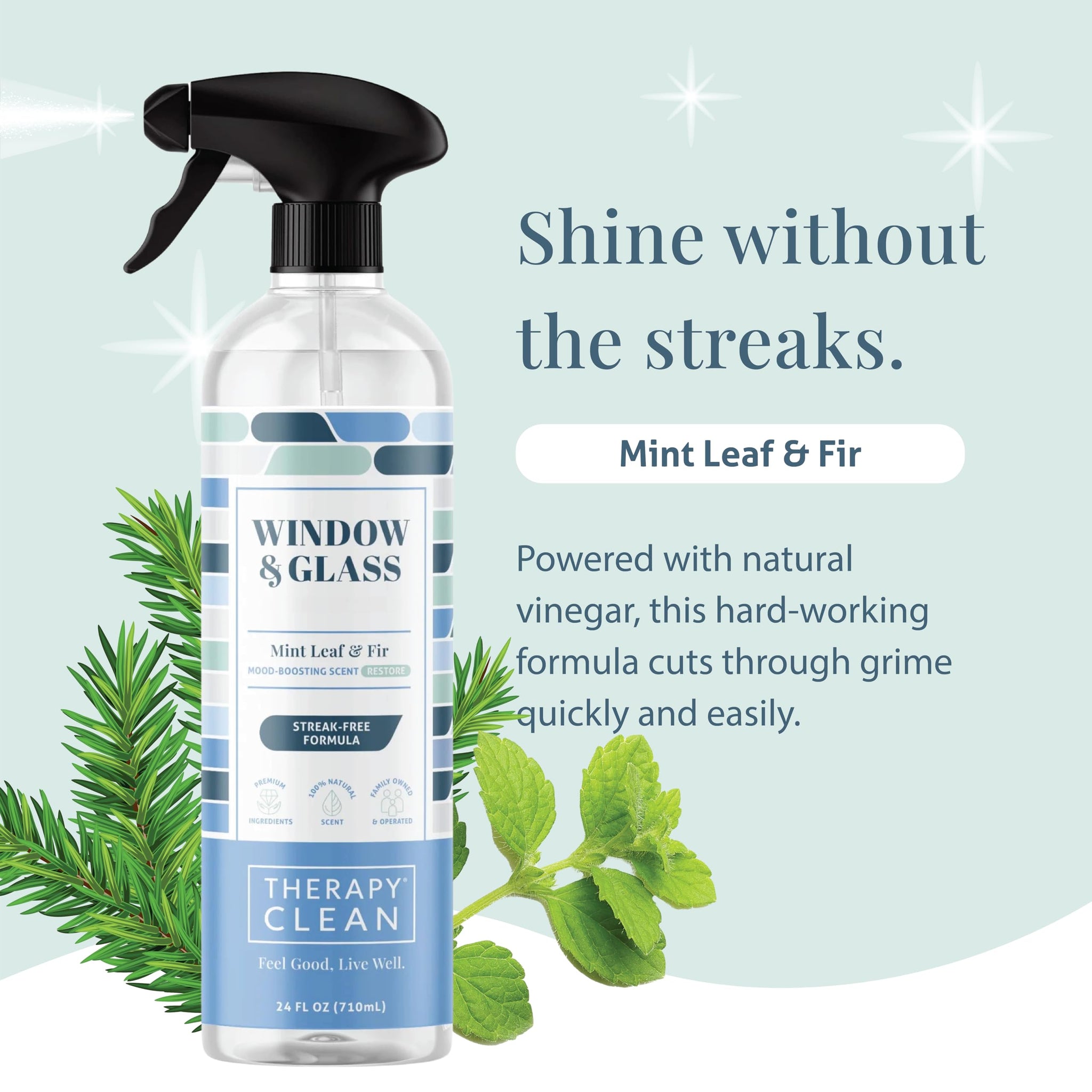 Therapy Clean Window & Glass Cleaner 24 oz. (3-Pack) - Streak-Free, Ammonia-Free Mirror, Shower & Car Window Cleaner Spray for Indoor & Outdoor Use
