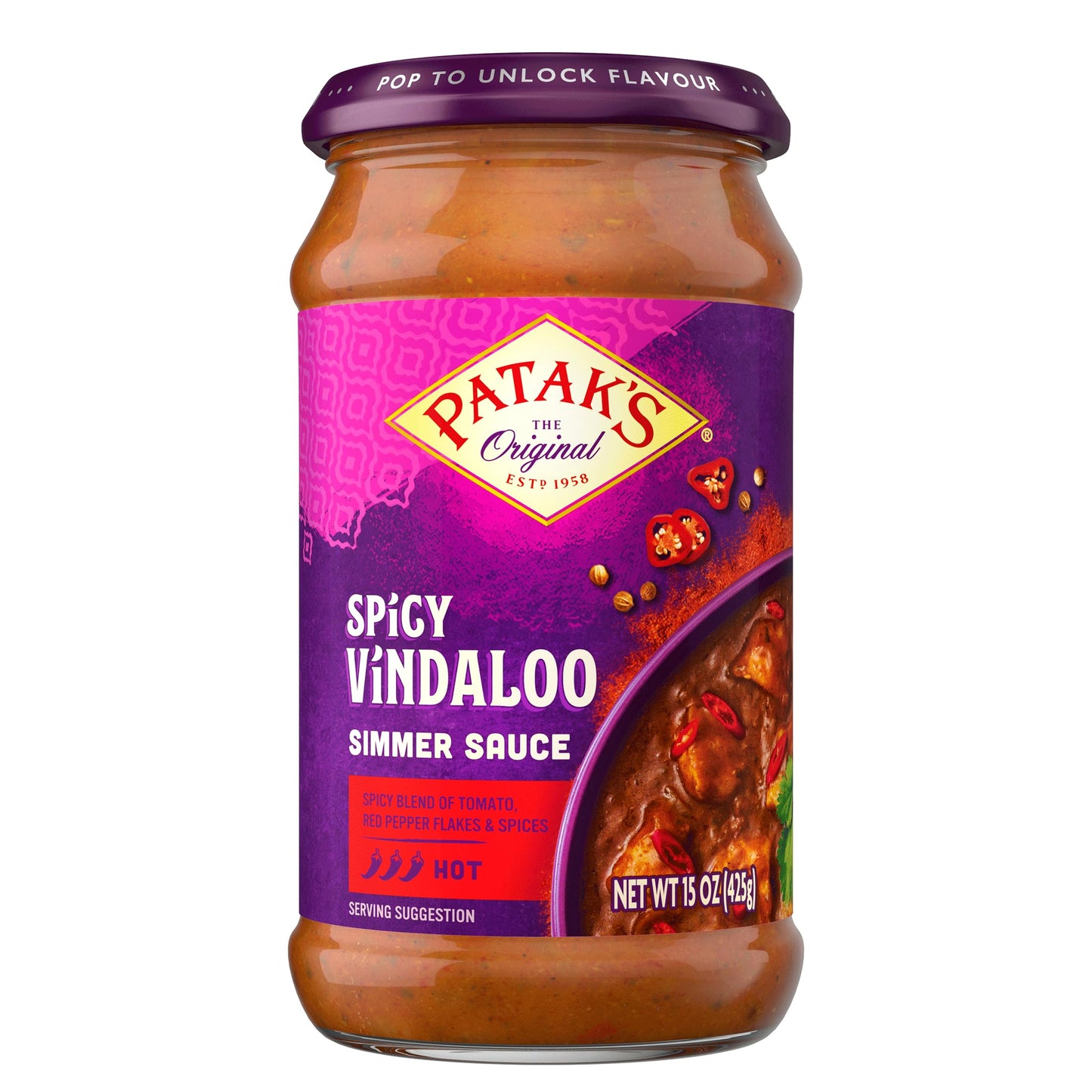 Patak's Spicy Vindaloo Simmer Sauce, Extra Curry, Made with Tomato Paste, Chile & Spices, Gluten-Free & Vegan Indian, Perfect for Chicken, Lamb