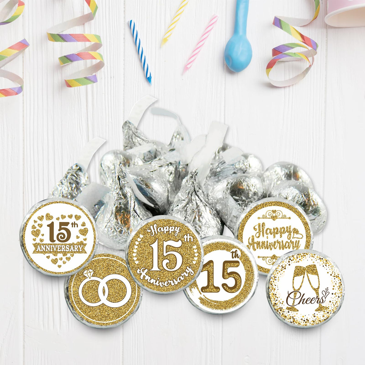 Gold 15th Anniversary Chocolate Kiss Stickers,180 Count, 0.75" Chocolate Drop Labels for Kisses, 15th Wedding Anniversary Party Favors Labels
