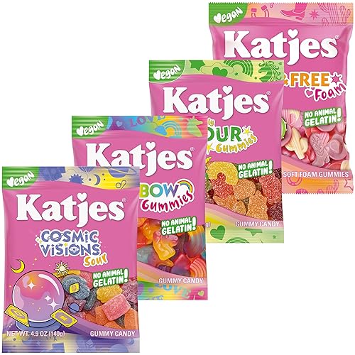 Katjes Vegan Gummy Candy Assortment, 4.9 oz Bags, 4 Flavor Pack - Rainbow Sour Wild Free Cosmic Visions Chewy Gummies - Gelatin-Free, Plant Based