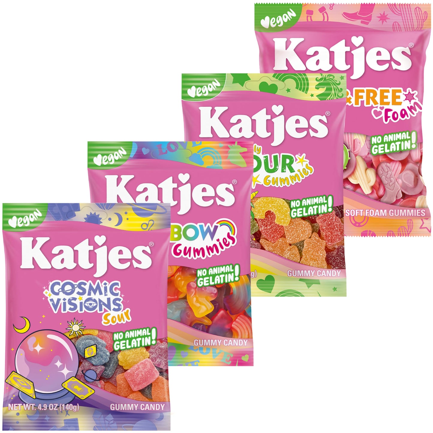 Katjes Vegan Gummy Candy Assortment, 4.9 oz Bags, 4 Flavor Pack - Rainbow Sour Wild Free Cosmic Visions Chewy Gummies - Gelatin-Free, Plant Based