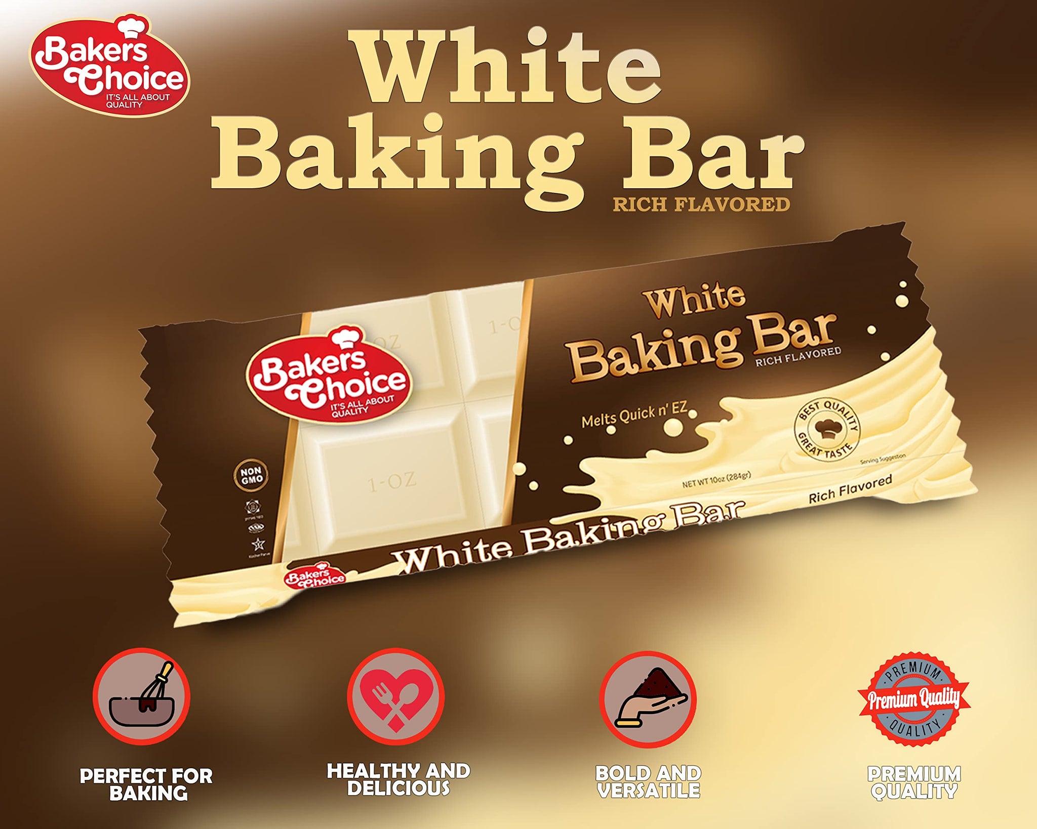 Baker's Choice White Baking Chocolate Bar - Microwaveable Chocolate Easy Melt Bar - Almond Bark Coating, Candy Coating - Kosher, Non-Dairy, Vegan and Non GMO - 10 oz (284g)