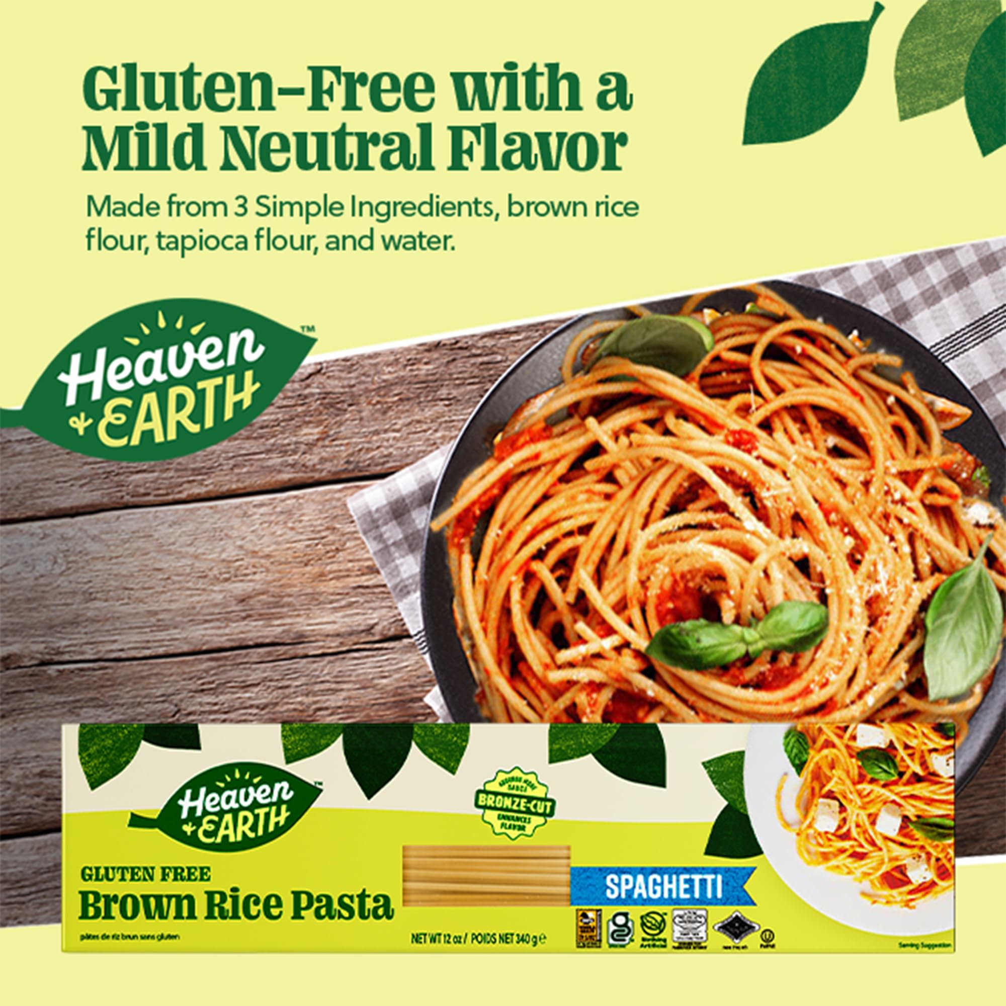 Heaven & Earth Brown Rice Pasta, Gluten Free Spaghetti, 12oz (3 Pack) | Whole Grain Gluten Free Pasta