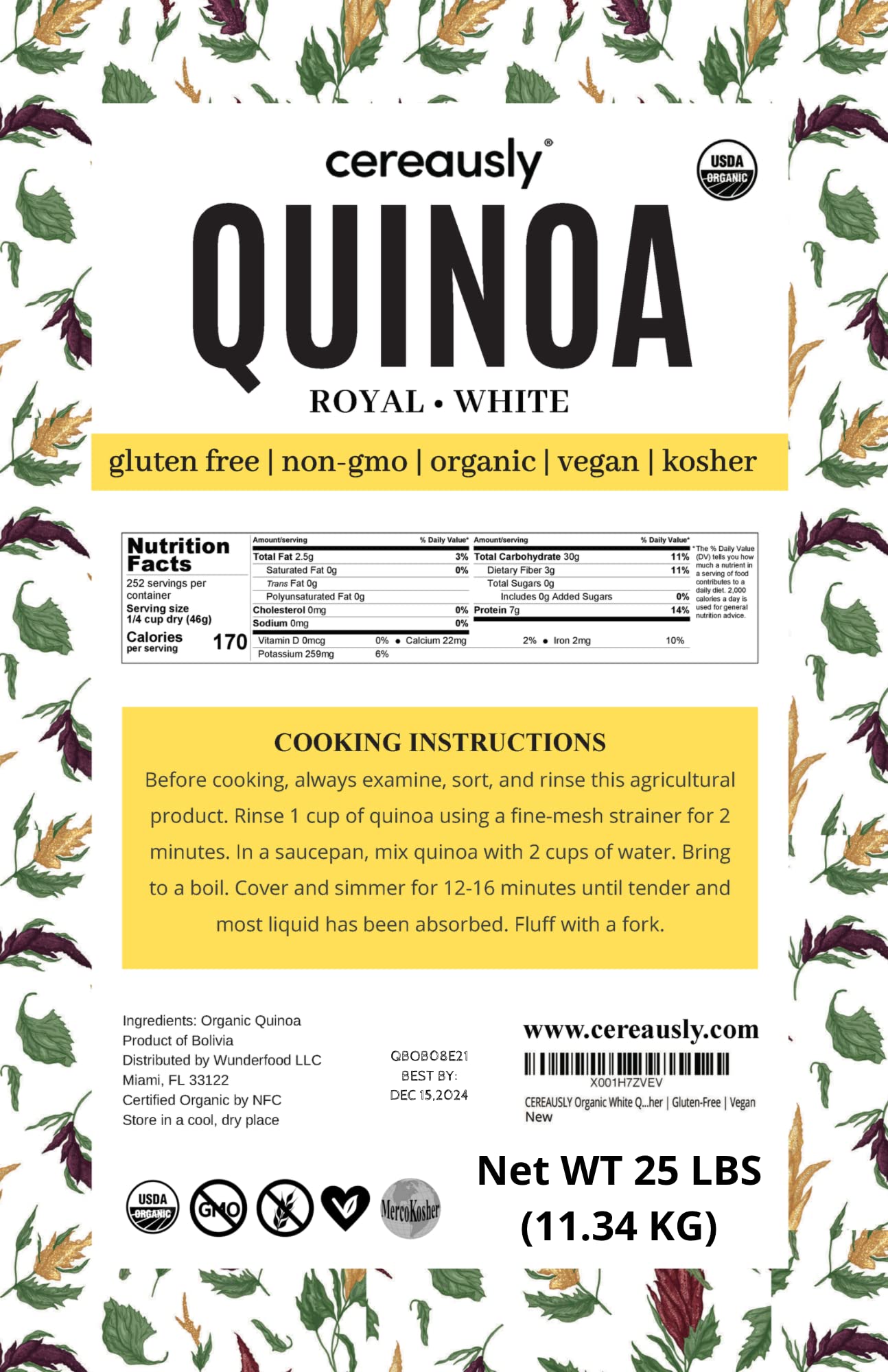 CEREAUSLY Organic White Quinoa - Premium Royal Quinoa from Bolivia - Kosher and Non-GMO Quinoa Bulk - Vegan and Gluten-Fee Cooking Quinoa - 25 LB