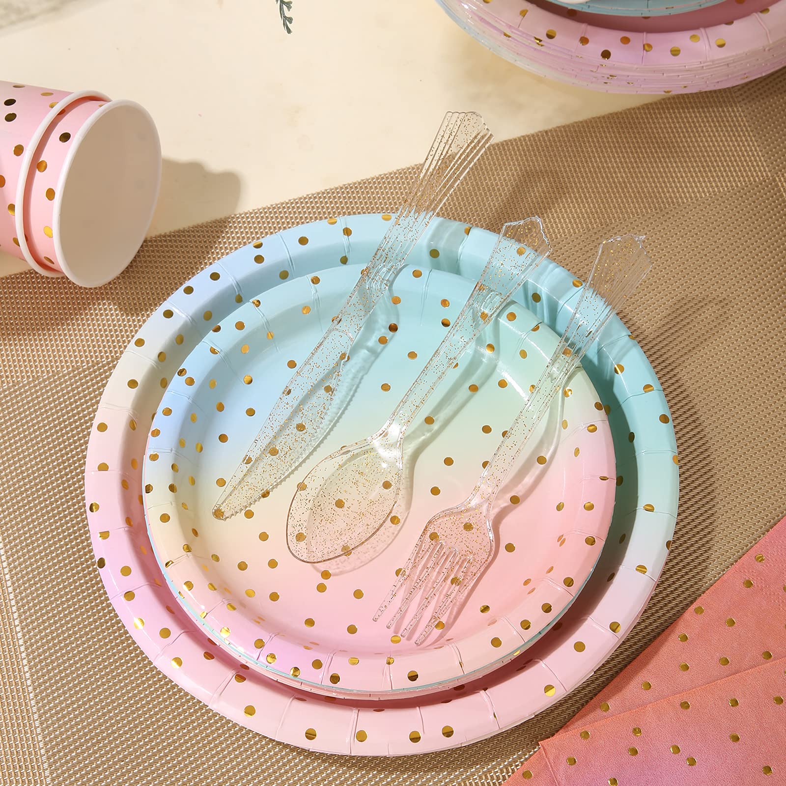 Boocikey 200 Pcs Pastel Party Decorations,Golden Dot Disposable Paper Plates Set,Pastel Plates and Napkins Party Supplies for Birthday Baby Shower
