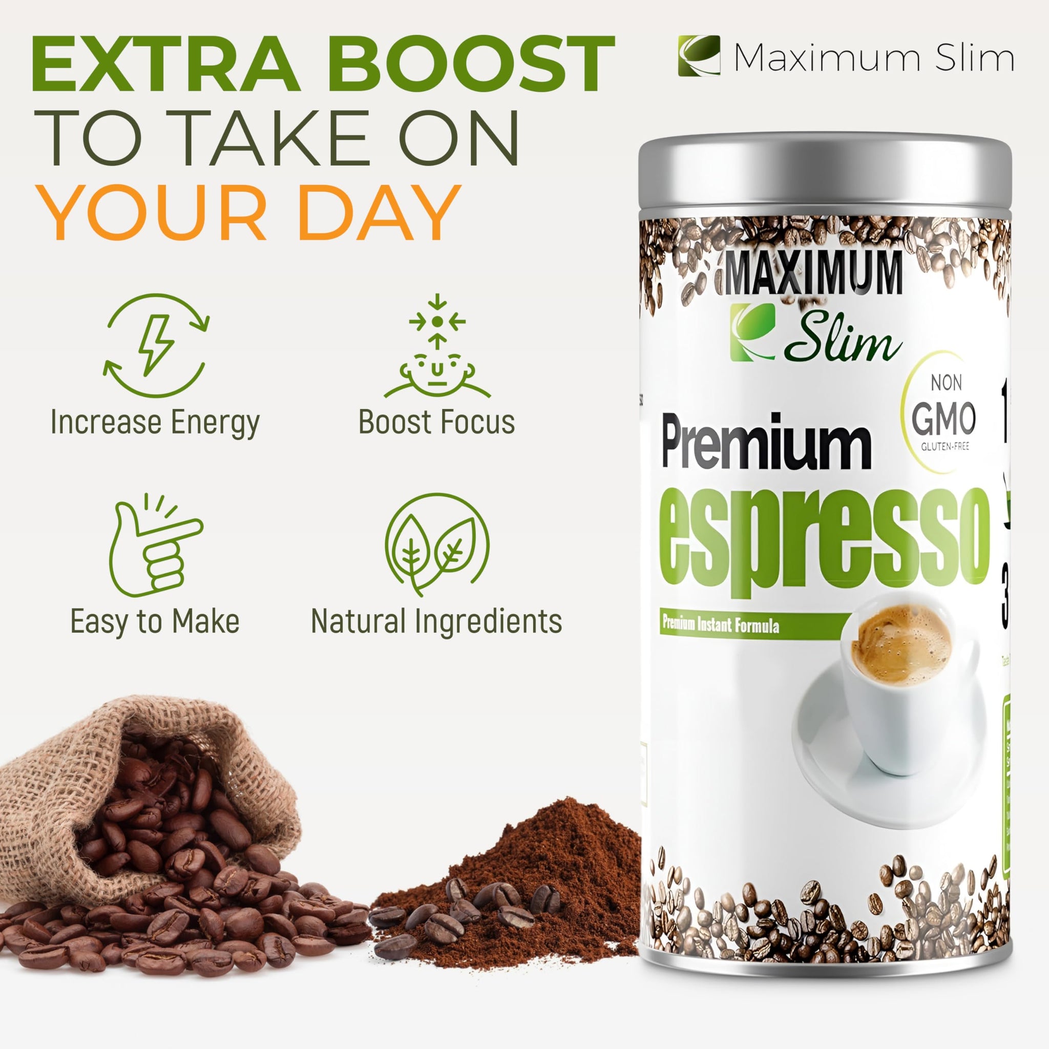 Maximum Slim Premio Instant Espresso Powder - Bold & Rich Flavor 100% Arabica Beans - Non-GMO, Gluten-Free - Premium Medium Roast Coffee 14.1 oz