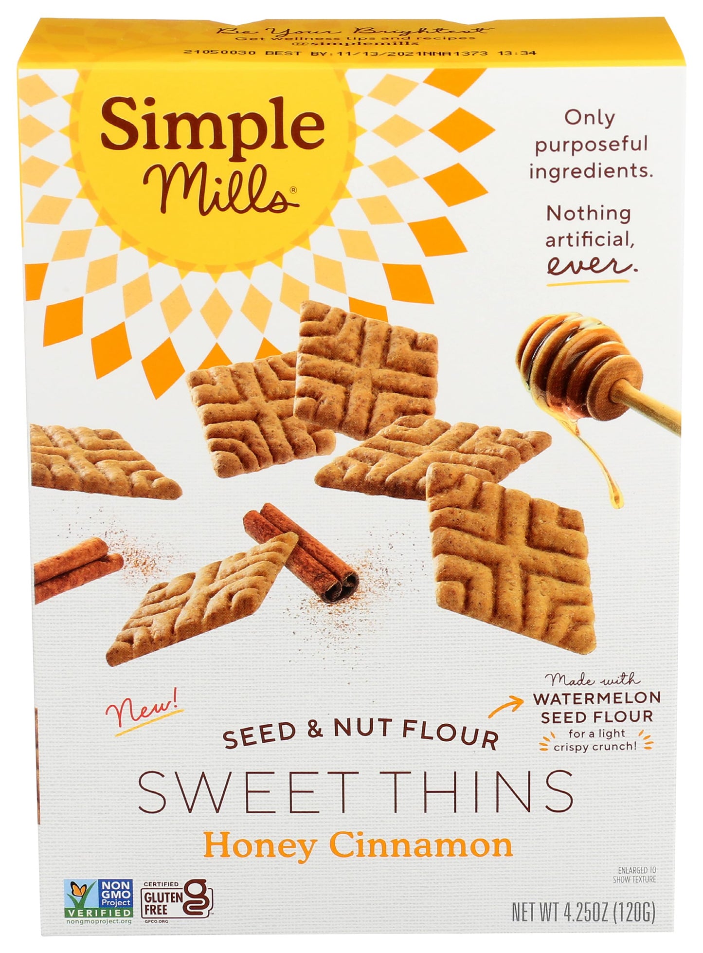 Simple Mills Honey Cinnamon Seed & Nut Flour Sweet Thins, Paleo Friendly & Delicious Sweet Thin Cookies, Good for Snacks, Nutrient Dense, 4.25oz, Pack