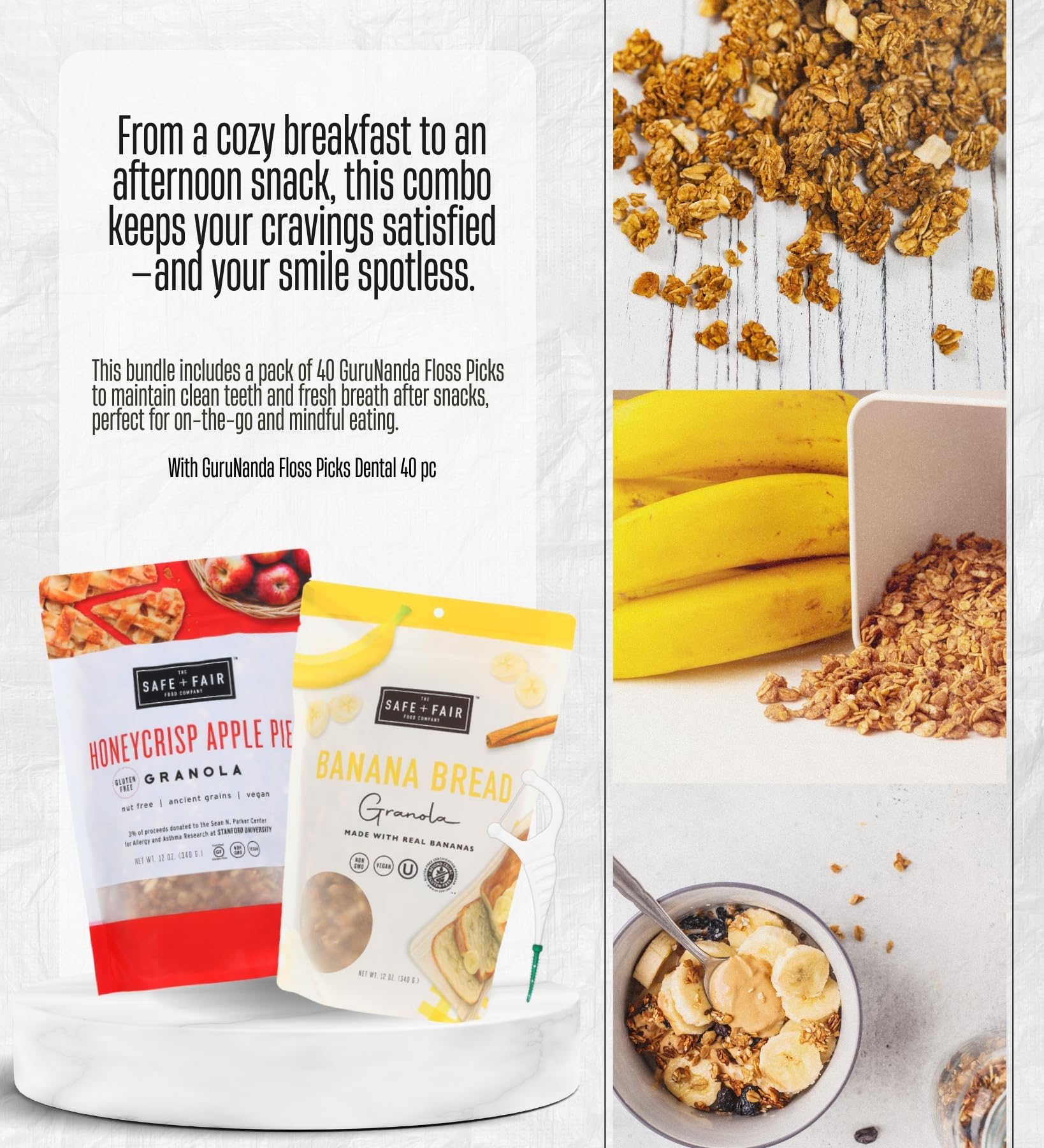 The Safe And Fair Food Company Granola Honeycrisp Apple 12 oz, Granola Banana Bread 12 oz Bundle with Dental Floss - Allergen-Free, Plant-Based