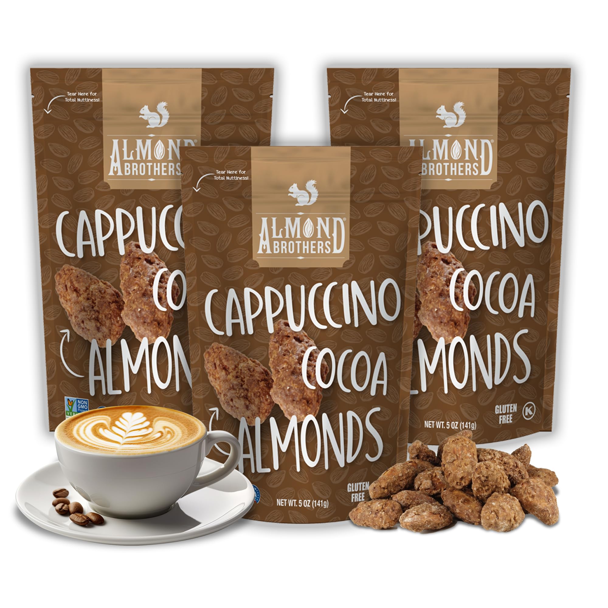 Almond Brothers Roasted Almonds - Pack of 3, 5 oz - Hand Crafted Cappuccino & Cocoa Almonds, Gluten-Free, Non-GMO