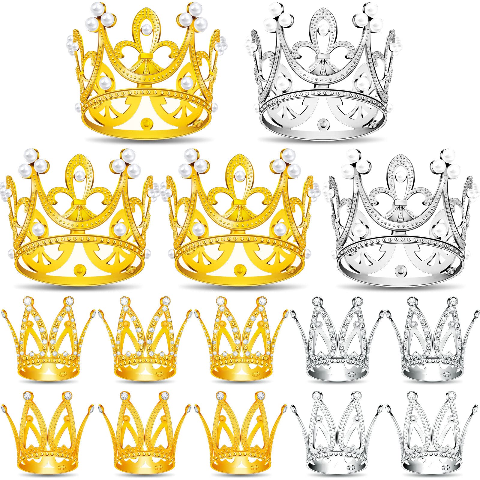 15Pcs Crown Cake Topper, Gold Silver Mini Crowns, Small Crystal Pearl Cupcake Toppers for Flower Arrangements Cupcake Baby Shower Birthday Party