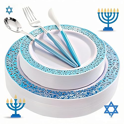WELLIFE 120 PCS Blue Plastic Plates, Blue Party Plates, Includes: 24 Dinner Plates 10.25”, 24 Dessert Plates 7.5”, 72 Plastic Cutlery for Party