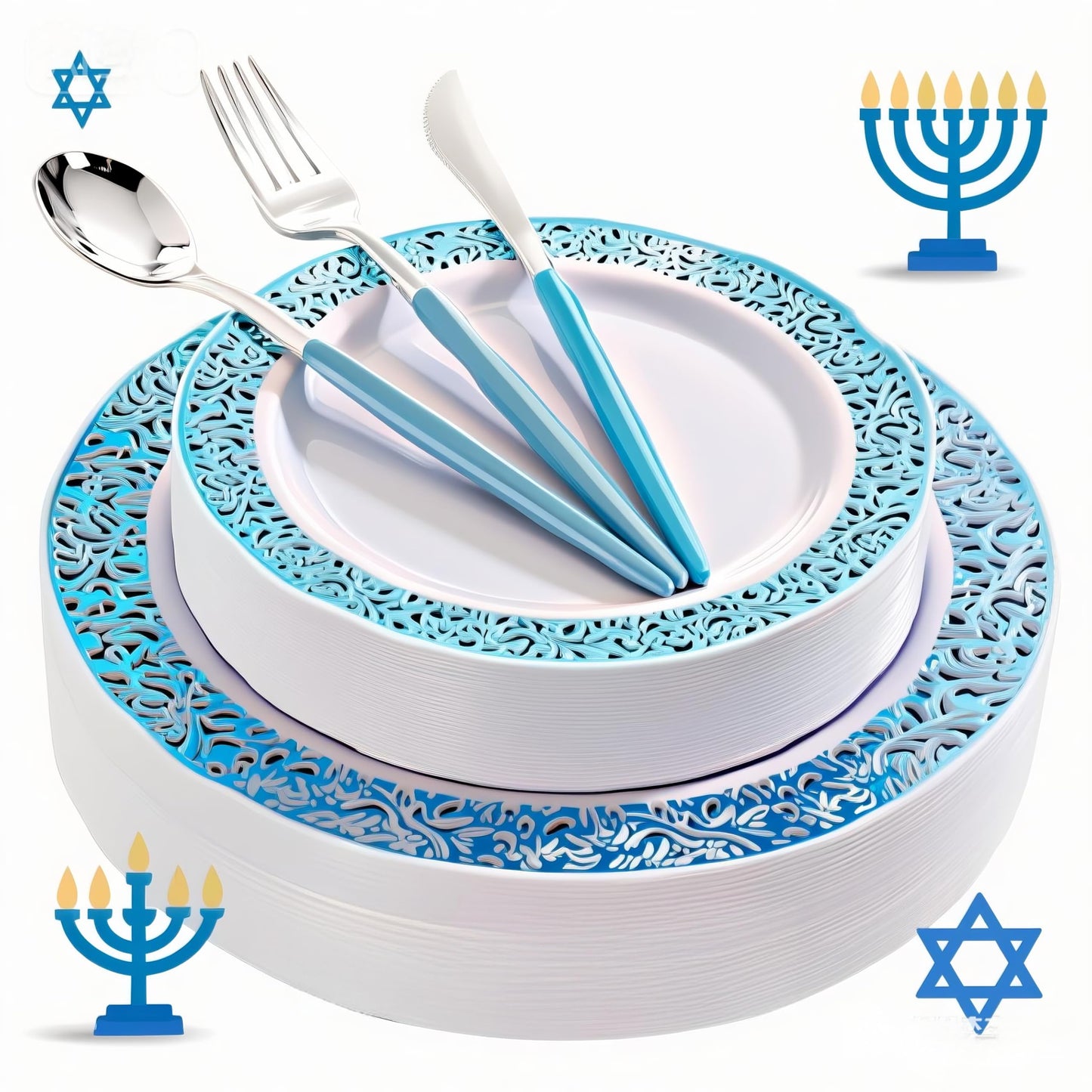 WELLIFE 120 PCS Blue Plastic Plates, Blue Party Plates, Includes: 24 Dinner Plates 10.25”, 24 Dessert Plates 7.5”, 72 Plastic Cutlery for Party