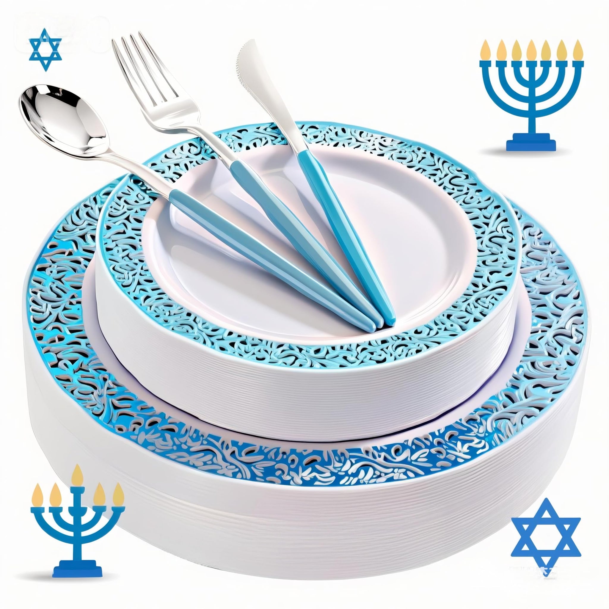 WELLIFE 120 PCS Blue Plastic Plates, Blue Party Plates, Includes: 24 Dinner Plates 10.25”, 24 Dessert Plates 7.5”, 72 Plastic Cutlery for Party