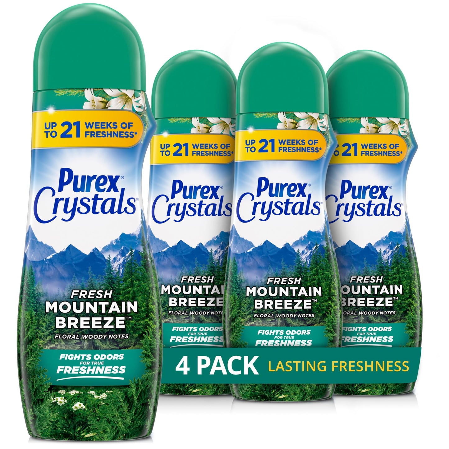 Purex Crystals In-Wash Scent Booster, Fresh Mountain Breeze, 21 oz (Pack of 4), Long-Lasting Freshness & Odor Elimination Technology