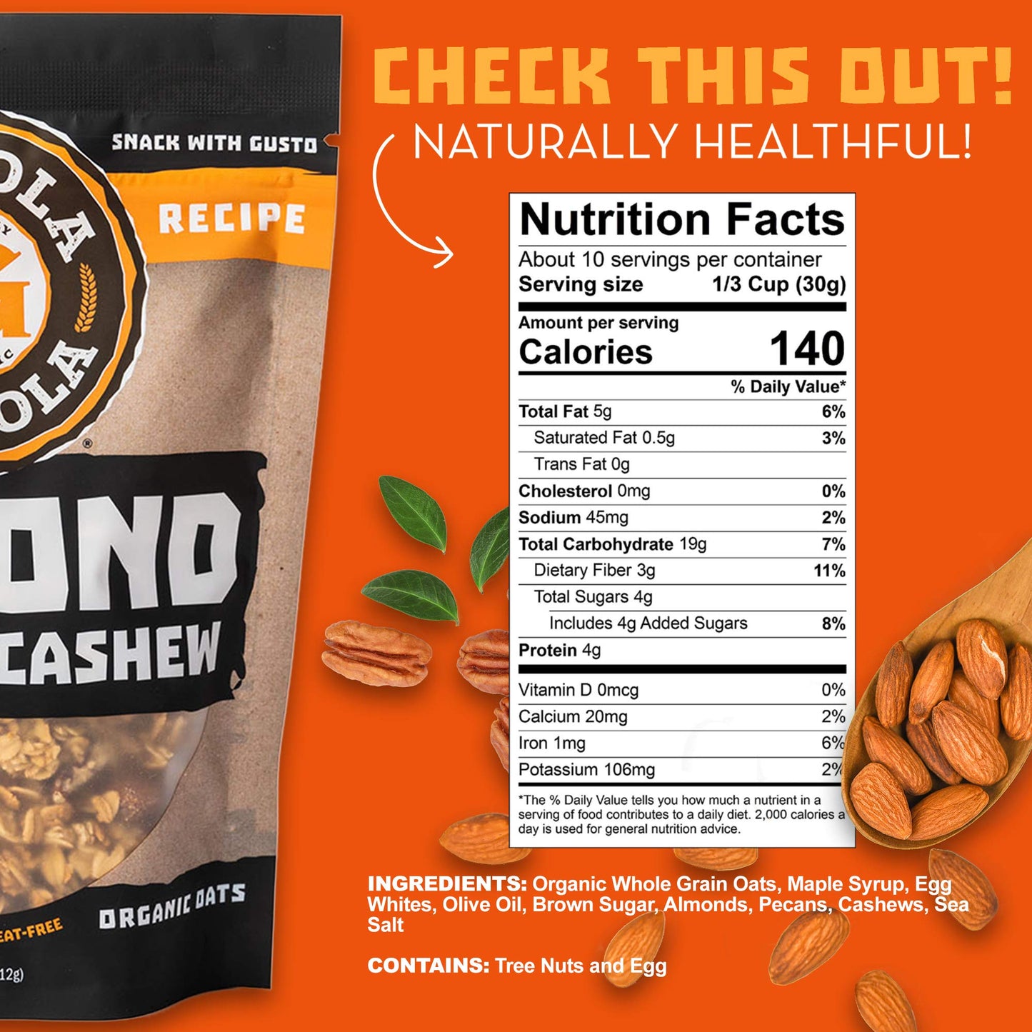 Almond, Pecan, and Cashew | Non GMO, Wheat Free, Low Sugar Granola, Healthy Granola Bites, Low Sugar Snacks, 11oz - Gustola Granola