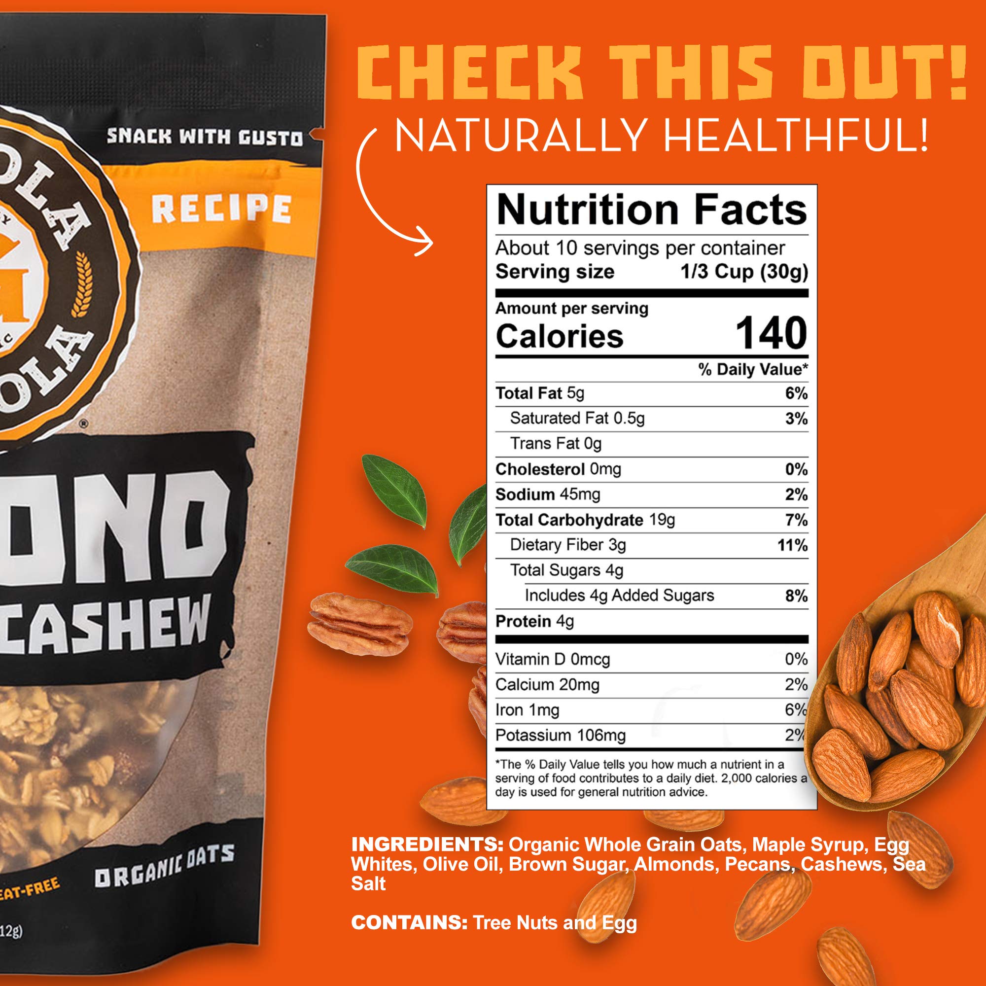 Almond, Pecan, and Cashew | Non GMO, Wheat Free, Low Sugar Granola, Healthy Granola Bites, Low Sugar Snacks, 11oz - Gustola Granola