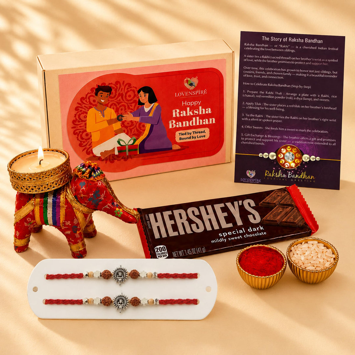 LOVENSPIRE Designer Ganesha Rakhi Gift Hamper for Brother & Bhabhi - Includes 2 Adjustable Rakhi Bracelets, Decorative Haldi Kumkum Holder