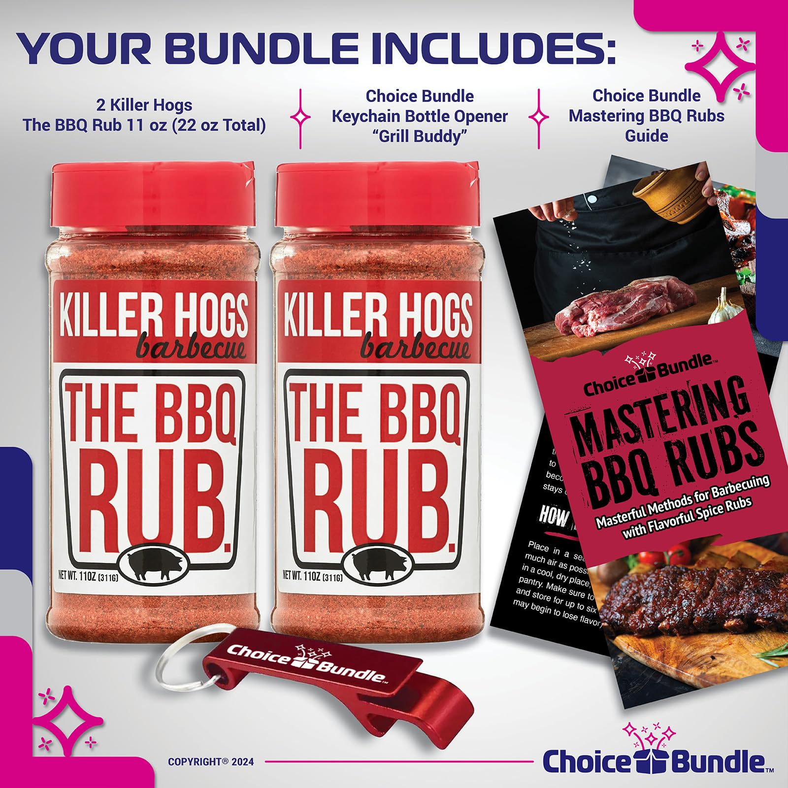 Killer Hogs The BBQ Rub Premium Barbecue Spice & Seasoning 2 pk (22 oz) + BBQ Guide & Bottle Opener (4 Items)!