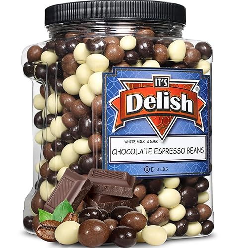 Gourmet Chocolate Covered Espresso Beans Medley by Its Delish, 3 LBS Jumbo Reusable Container - Mix of Dark, Milk & White Chocolate Covered Roasted