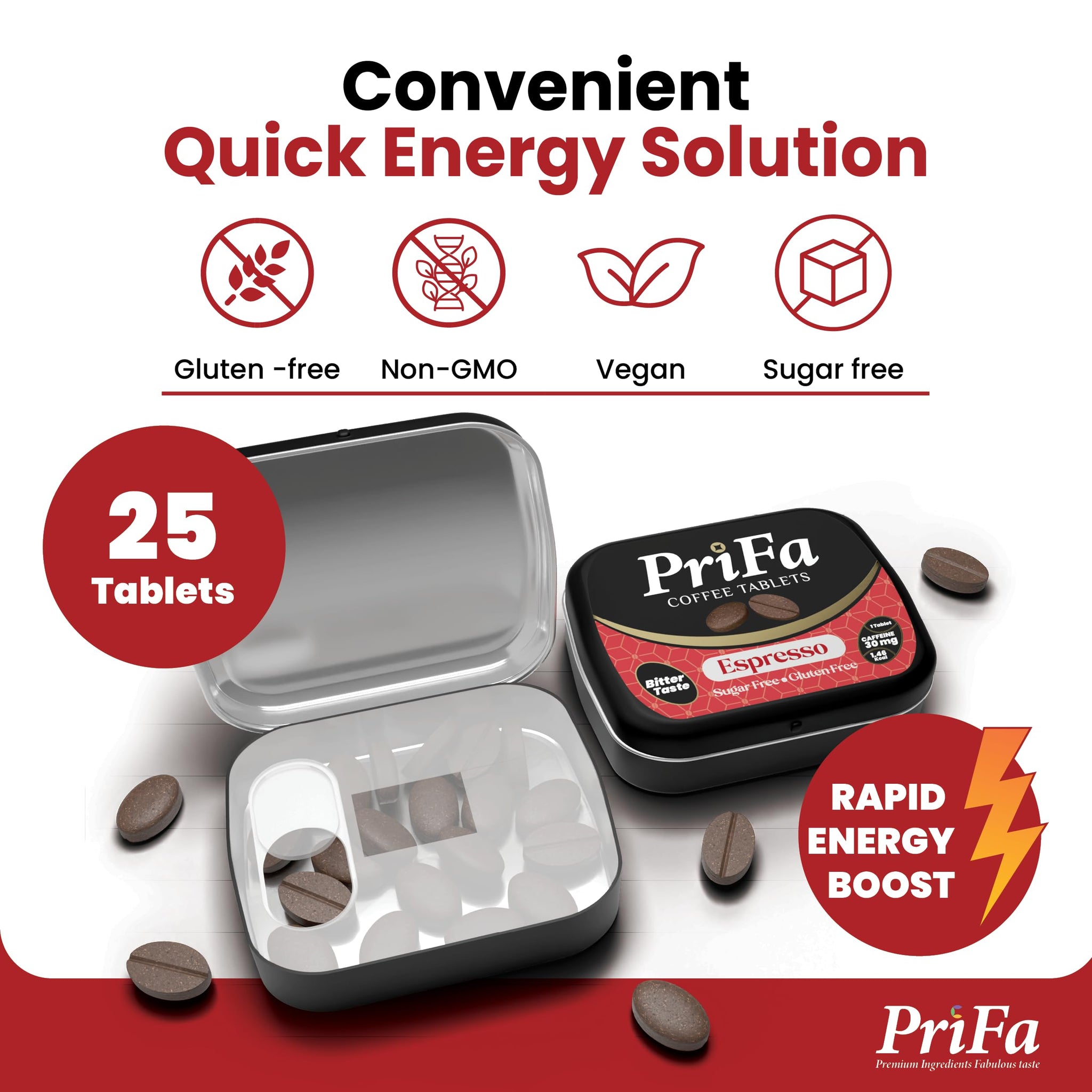 PriFa Espresso Coffee Tablets - Water-Free Coffee, Instant Coffee On-The-Go, Sugar-Free, Pocket-Friendly, Portable Caffeine Boost - 30mg Caffeine, 25