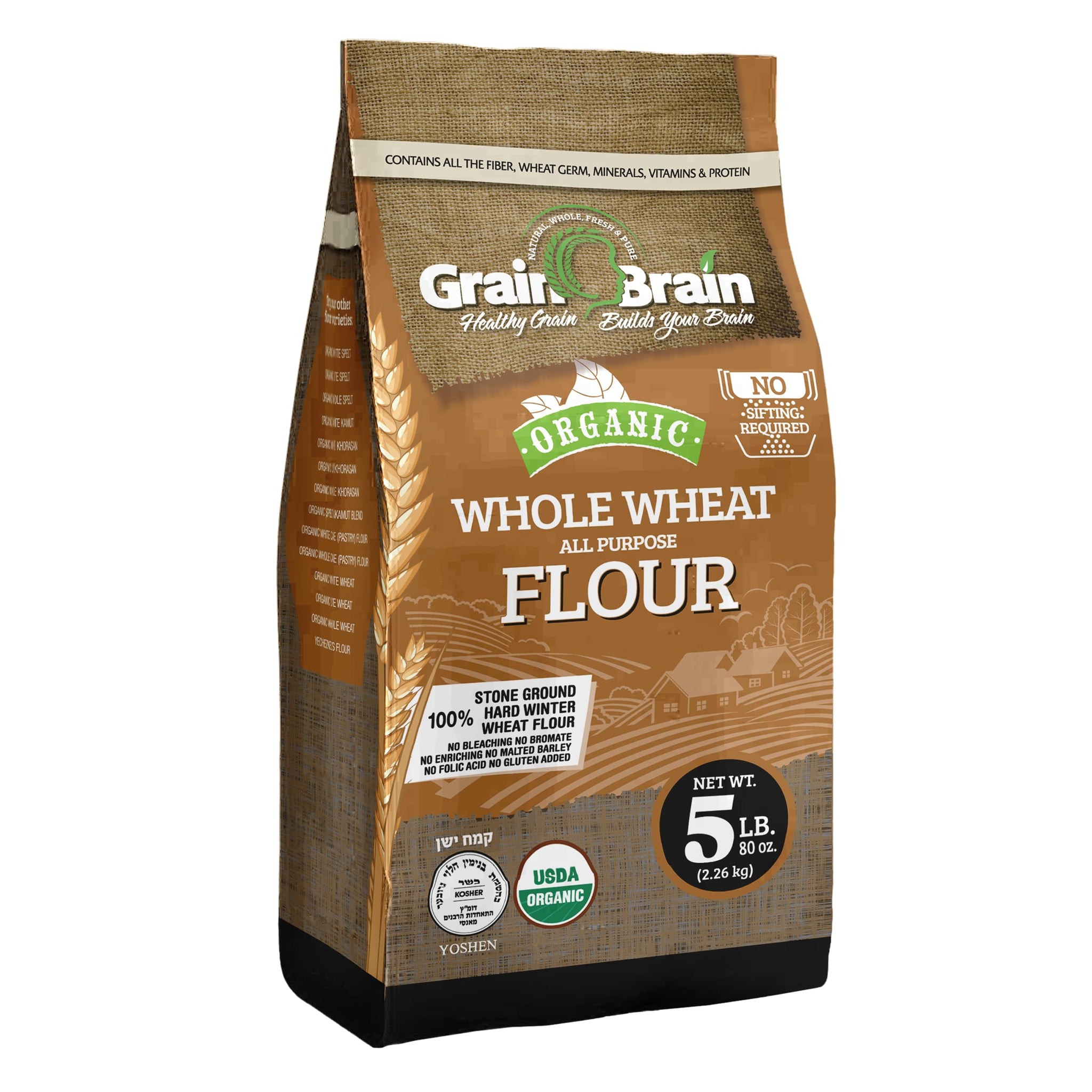 Grain Brain Organic Whole Wheat All purpose flour, No Bleaching, No Potassium Bromate (80 Ounces)