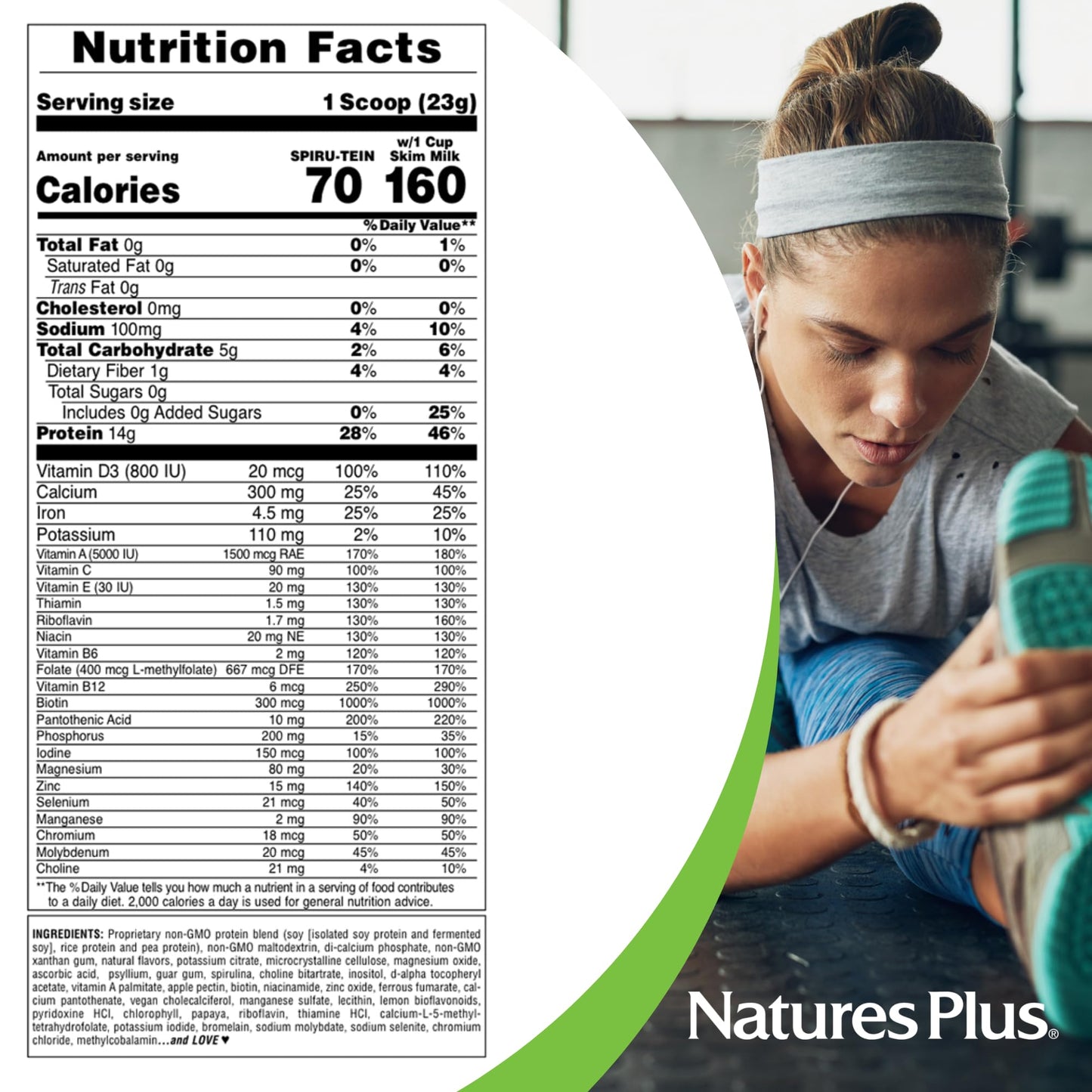 NaturesPlus SPIRU-TEIN Simply Natural, Original Vanilla - 1.63 lb - Unsweetened Plant-Based Protein Shake - 32 Servings