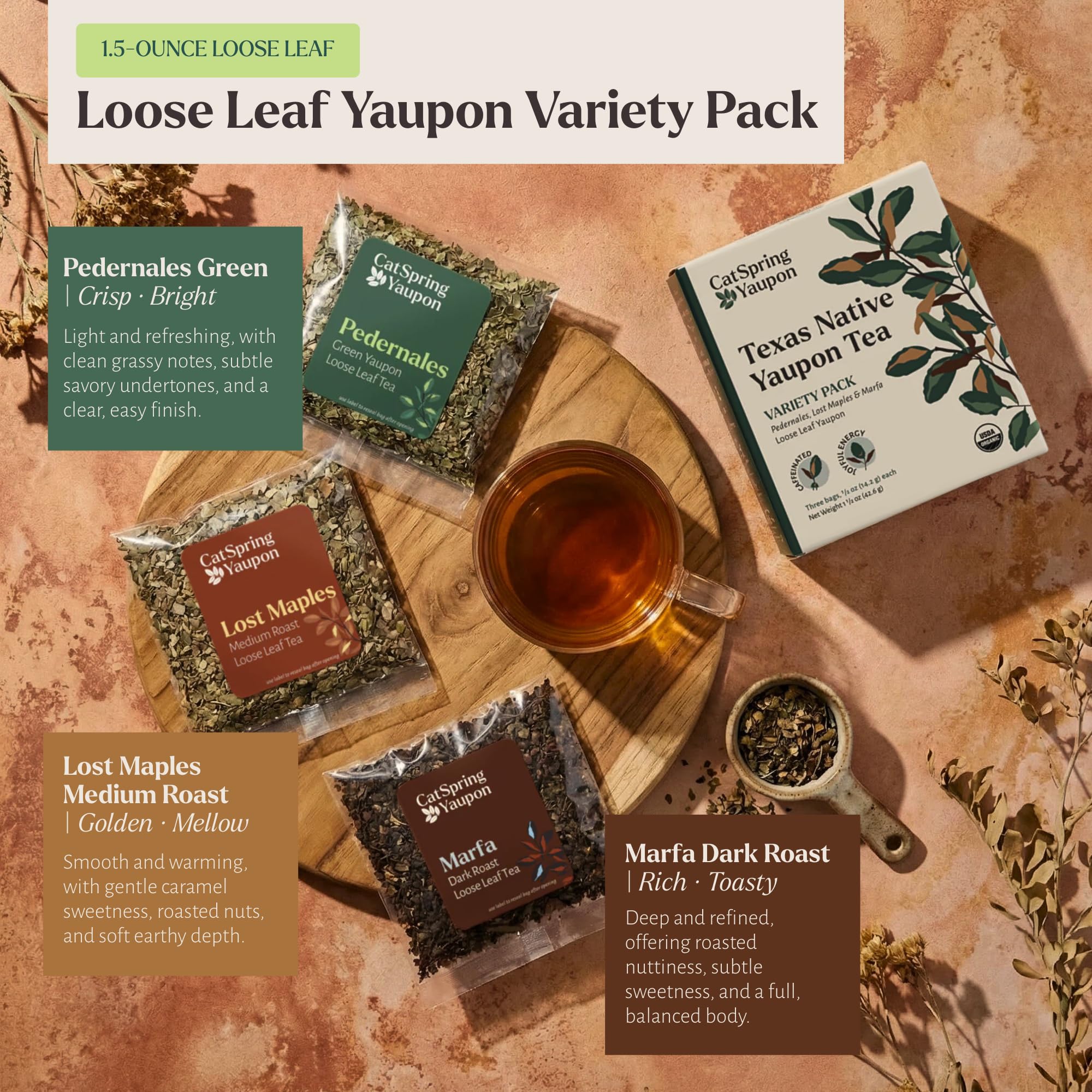 CatSpring Yaupon Tea Variety Pack, 1.5 oz Loose Leaf of Each, Green, Dark, and Medium Roast, Naturally Caffeinated, Sustainable and Wild-Harvested