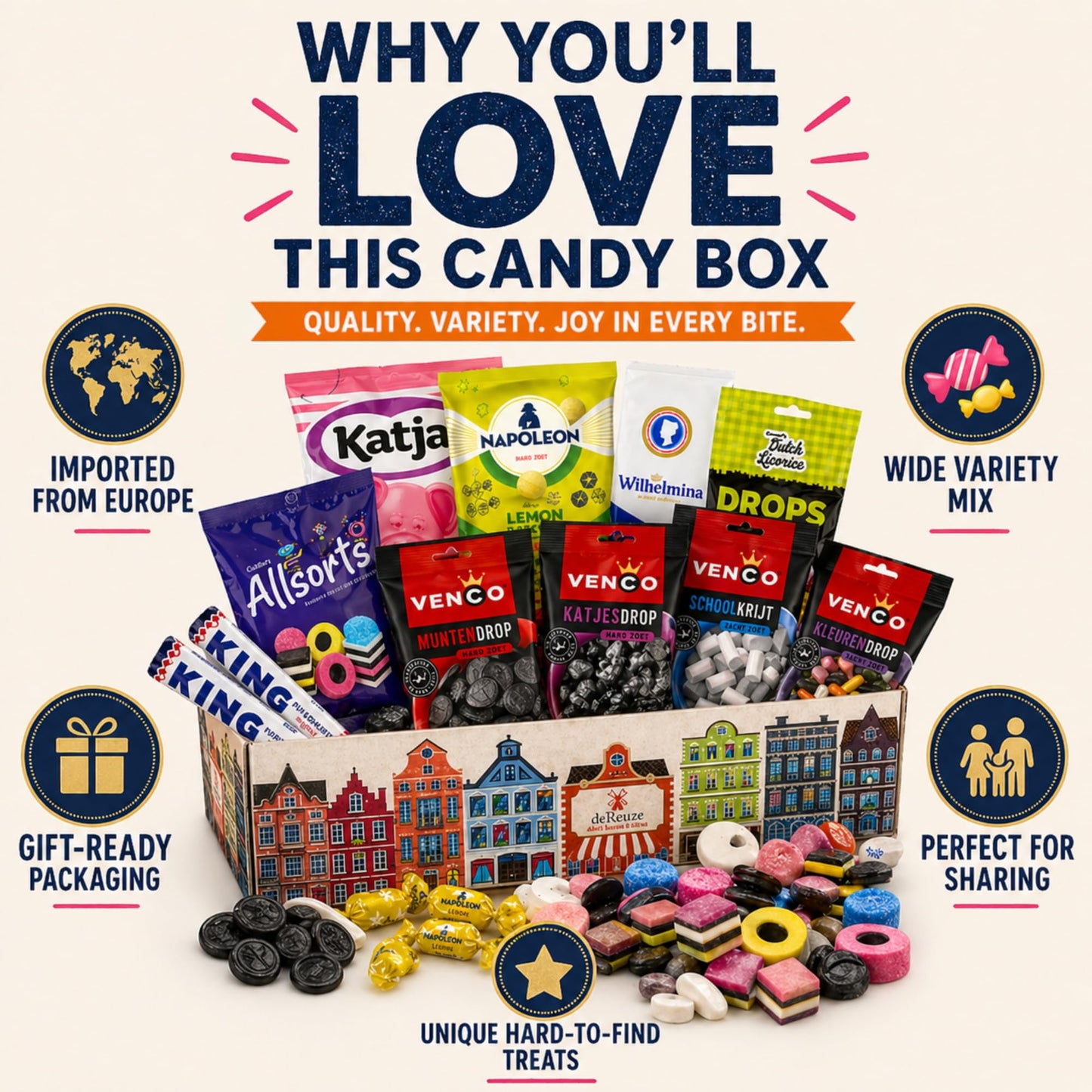 deReuze Dutch Candy Variety Pack with Black Licorice Candy in a Flip Top Box, Gift of Premium Assortment of Authentic Imported Sweet Treats from