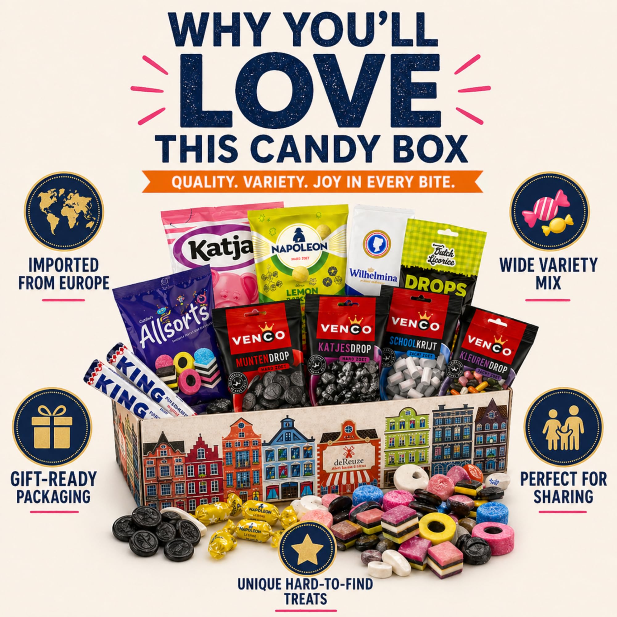 deReuze Dutch Candy Variety Pack with Black Licorice Candy in a Flip Top Box, Gift of Premium Assortment of Authentic Imported Sweet Treats from