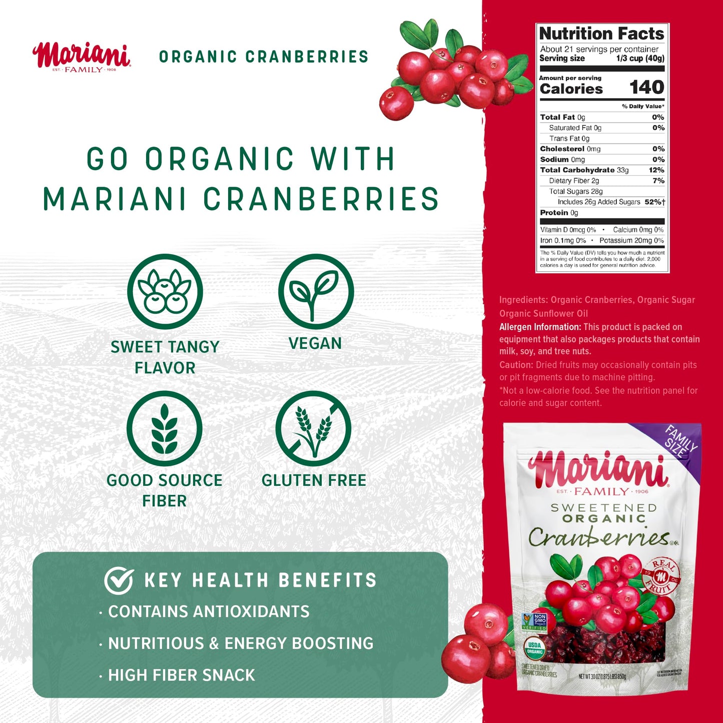 Mariani Organic Dried Cranberries, 30oz, Bulk Family Size Value Pack, Sweetened Organic Cranberries Dried Fruit, Vegan, Gluten-Free